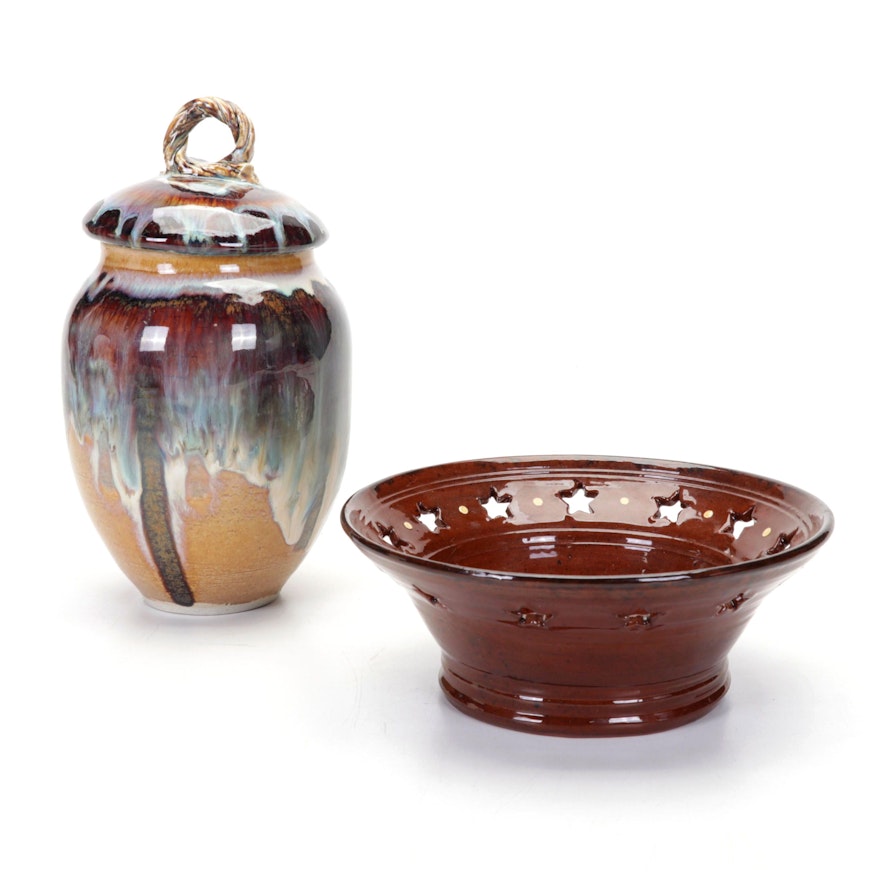 Foltz Pottery Redware Bowl With Lake Waters Pottery Glazed Ceramic Lidded Jar