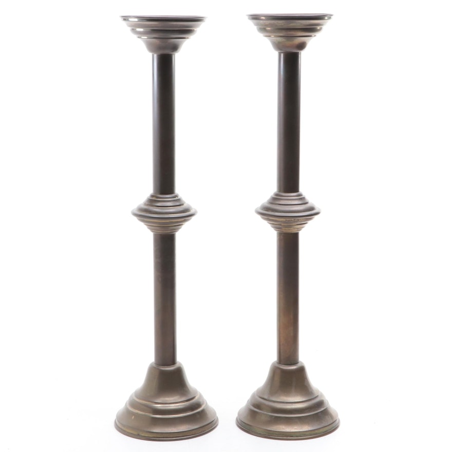 Pair of Tubular Brass Pillar Candle Holders, Mid-20th Century