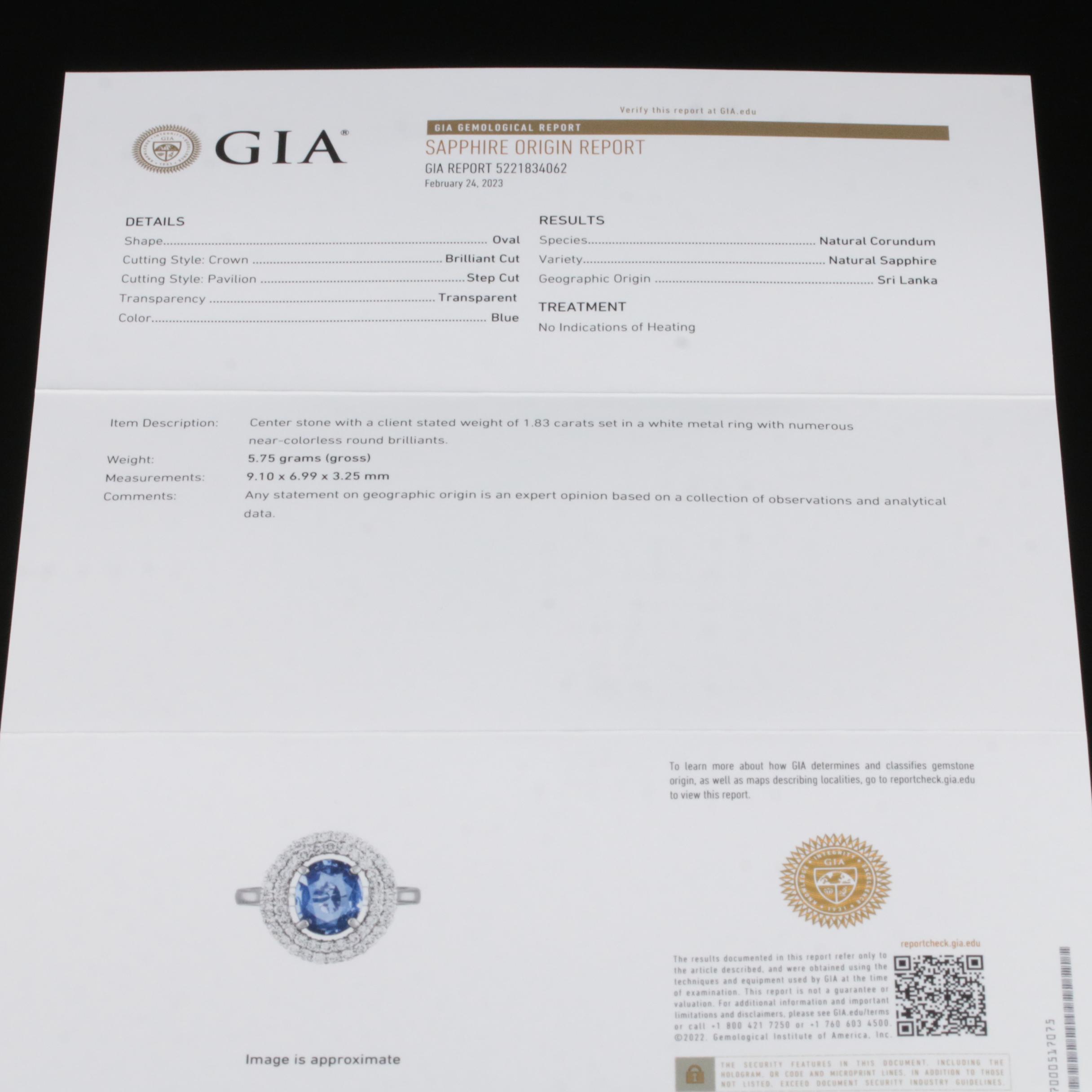Platinum 1.83 CT Ceylon Sapphire and Diamond Double Halo Ring with GIA Report