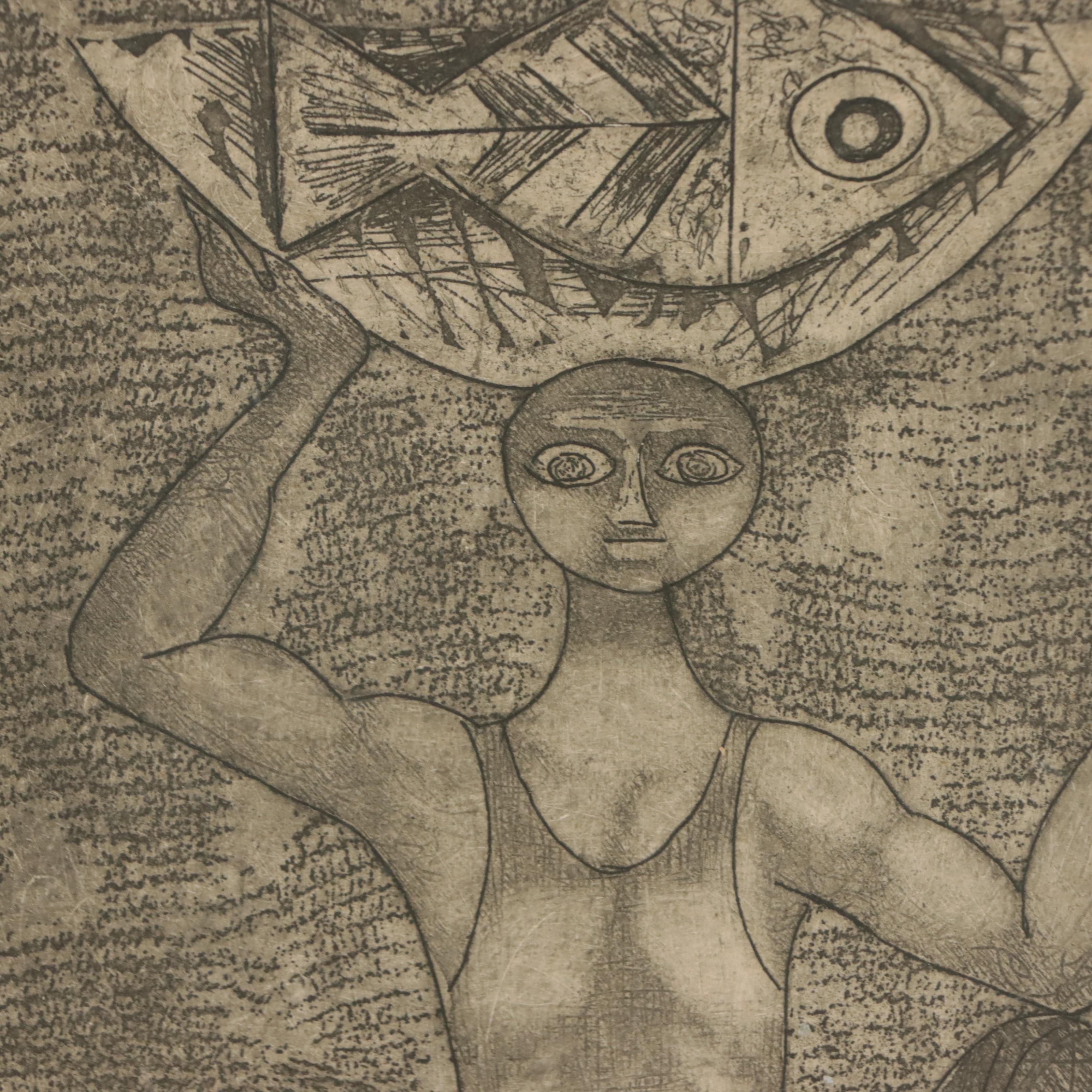 Etching of Man Holding Fish Over Head