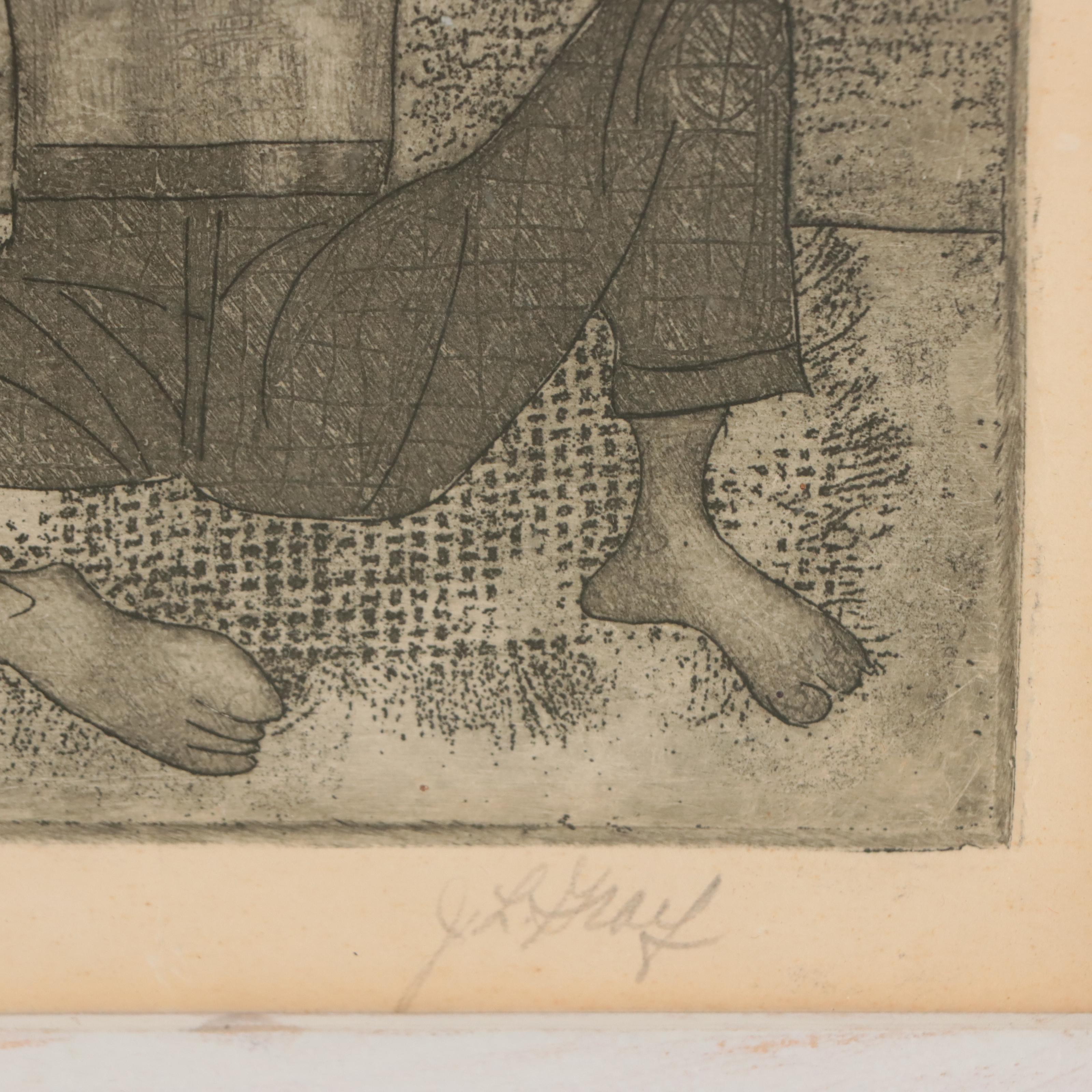 Etching of Man Holding Fish Over Head