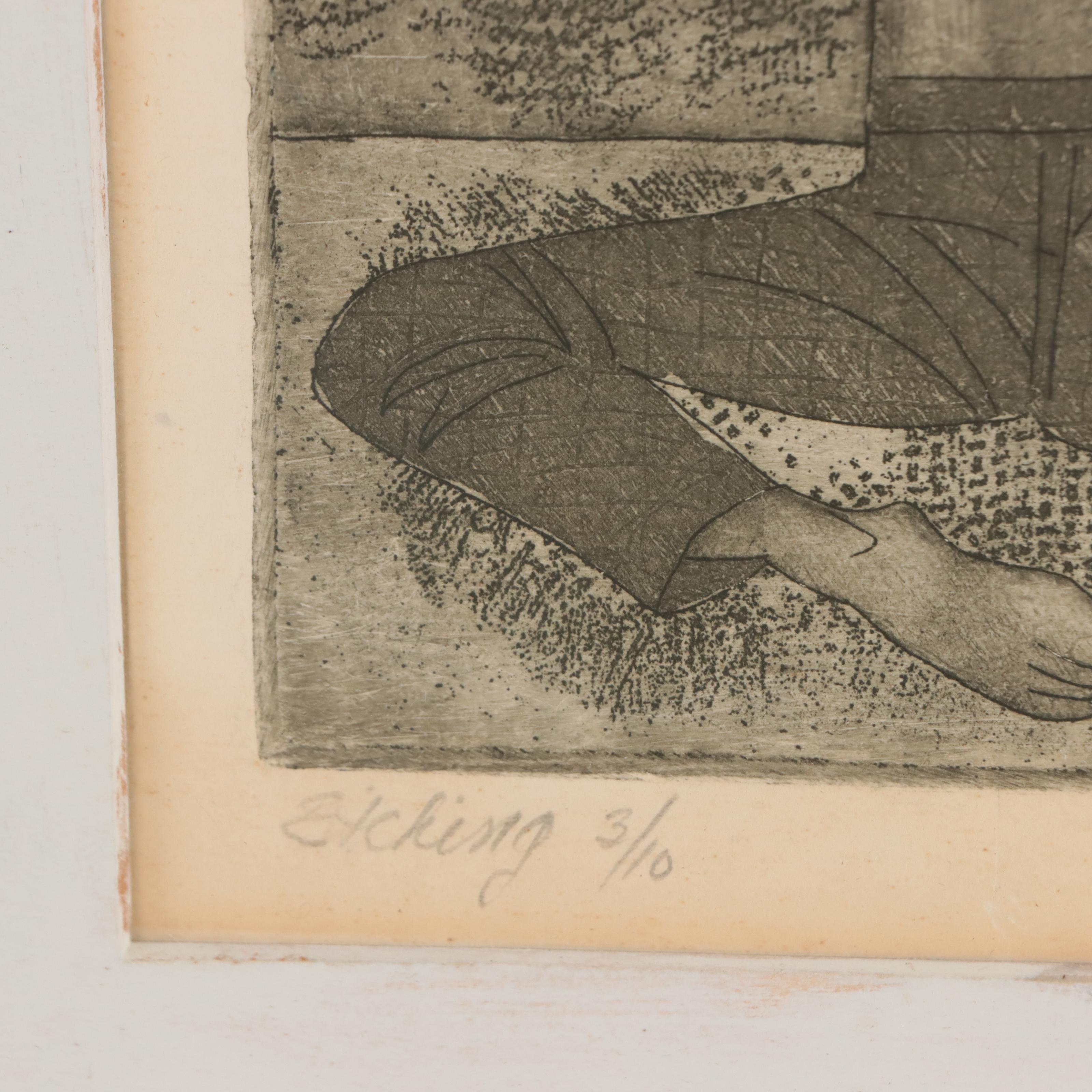 Etching of Man Holding Fish Over Head