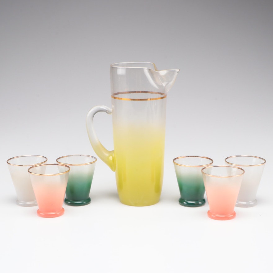 Blendo Frosted Glass Pitcher and Tumblers, Mid-20th Century
