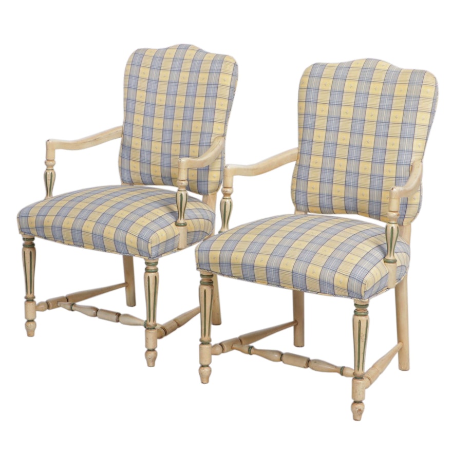Pair of French Provincial Style Painted and Custom-Upholstered Fauteuils