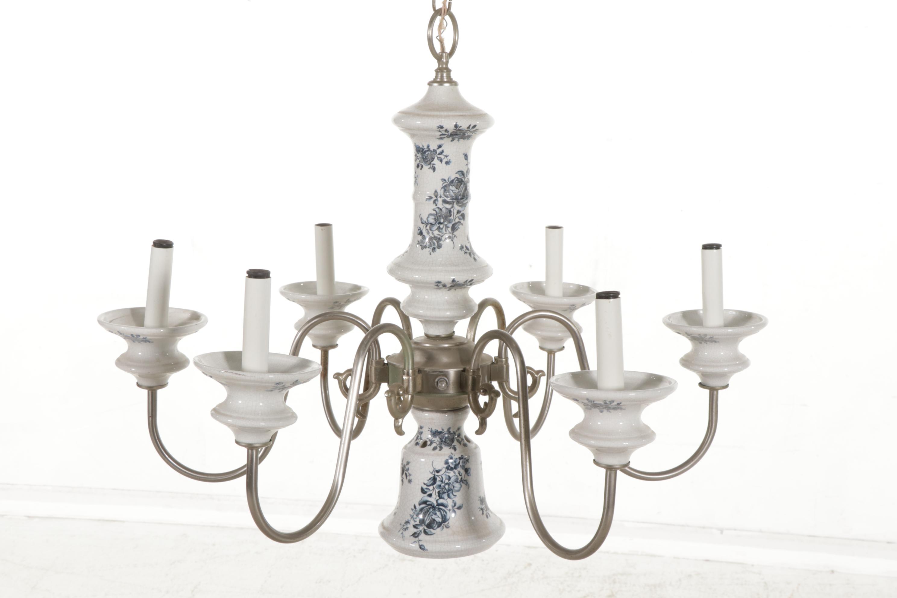 Blue and White Porcelain Pewter Finish Candelabra Chandelier