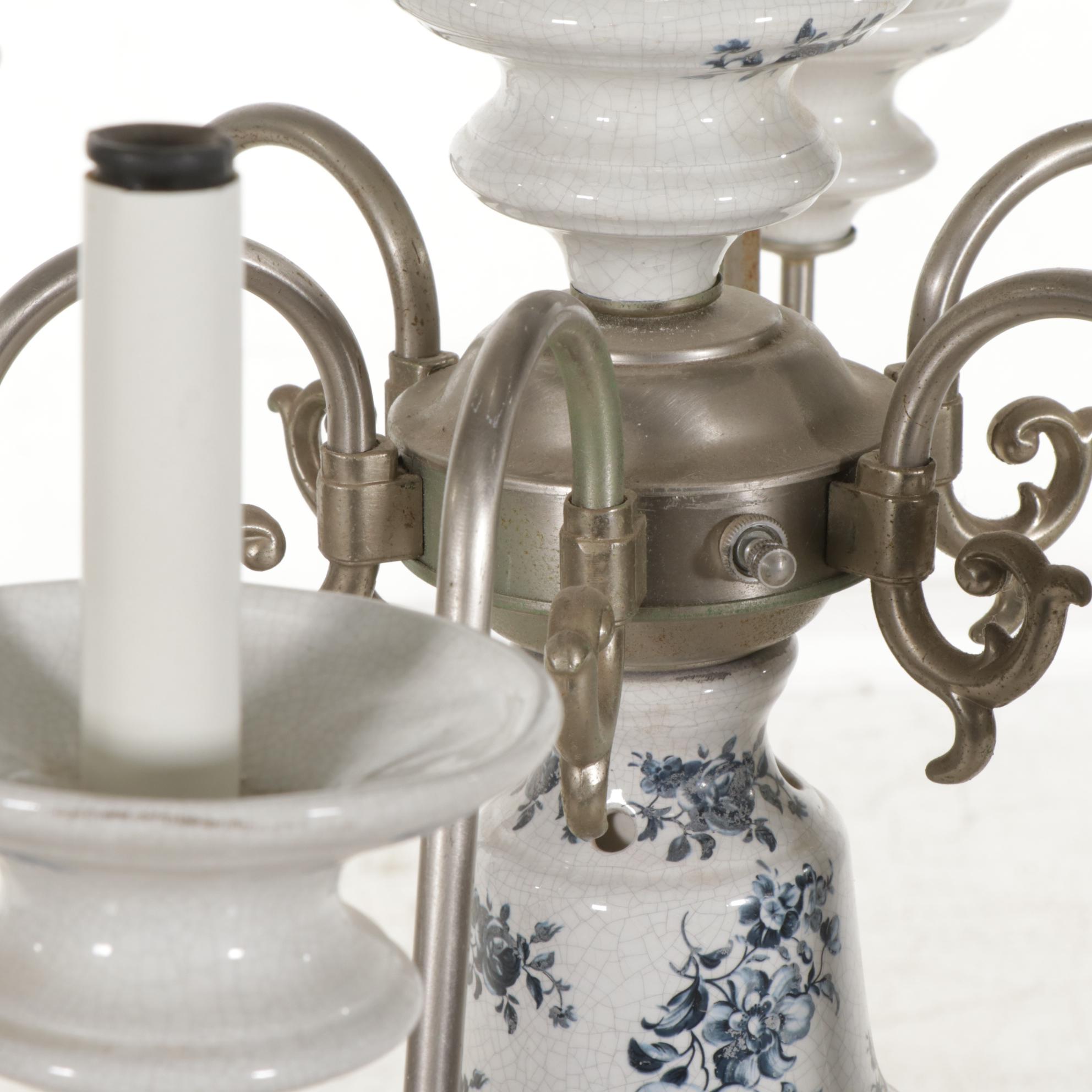 Blue and White Porcelain Pewter Finish Candelabra Chandelier