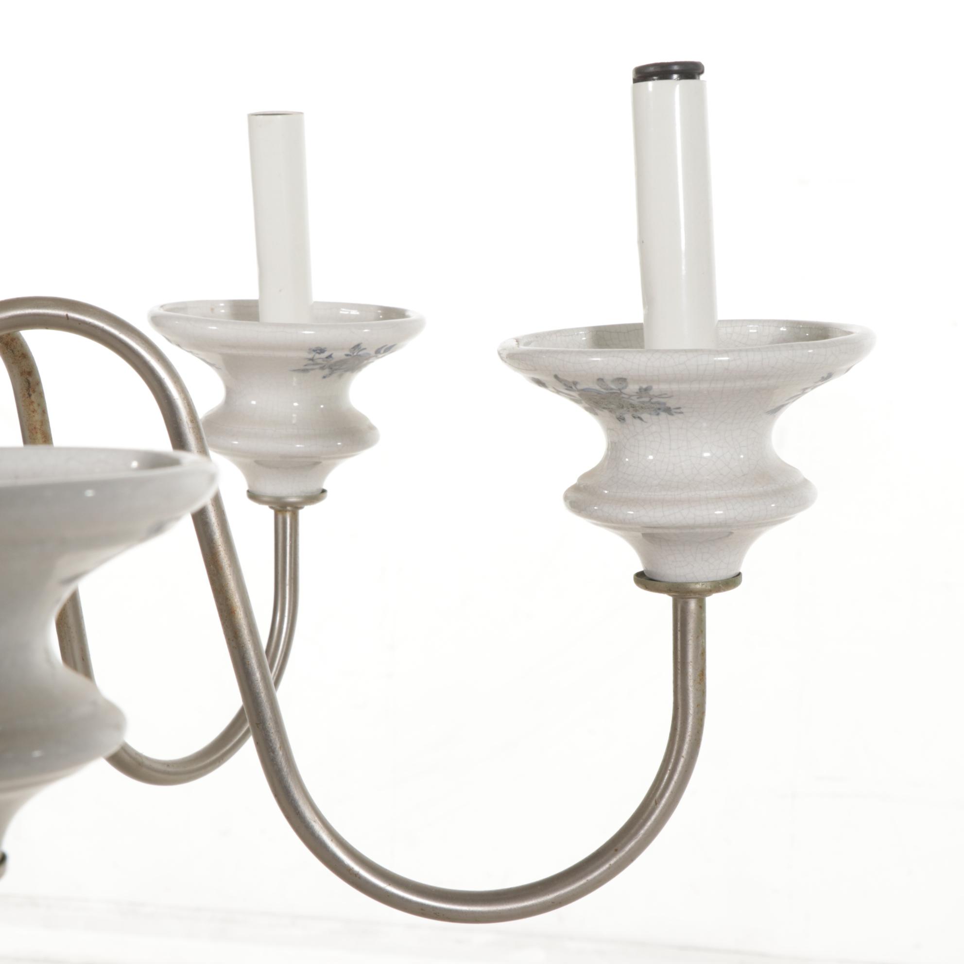 Blue and White Porcelain Pewter Finish Candelabra Chandelier