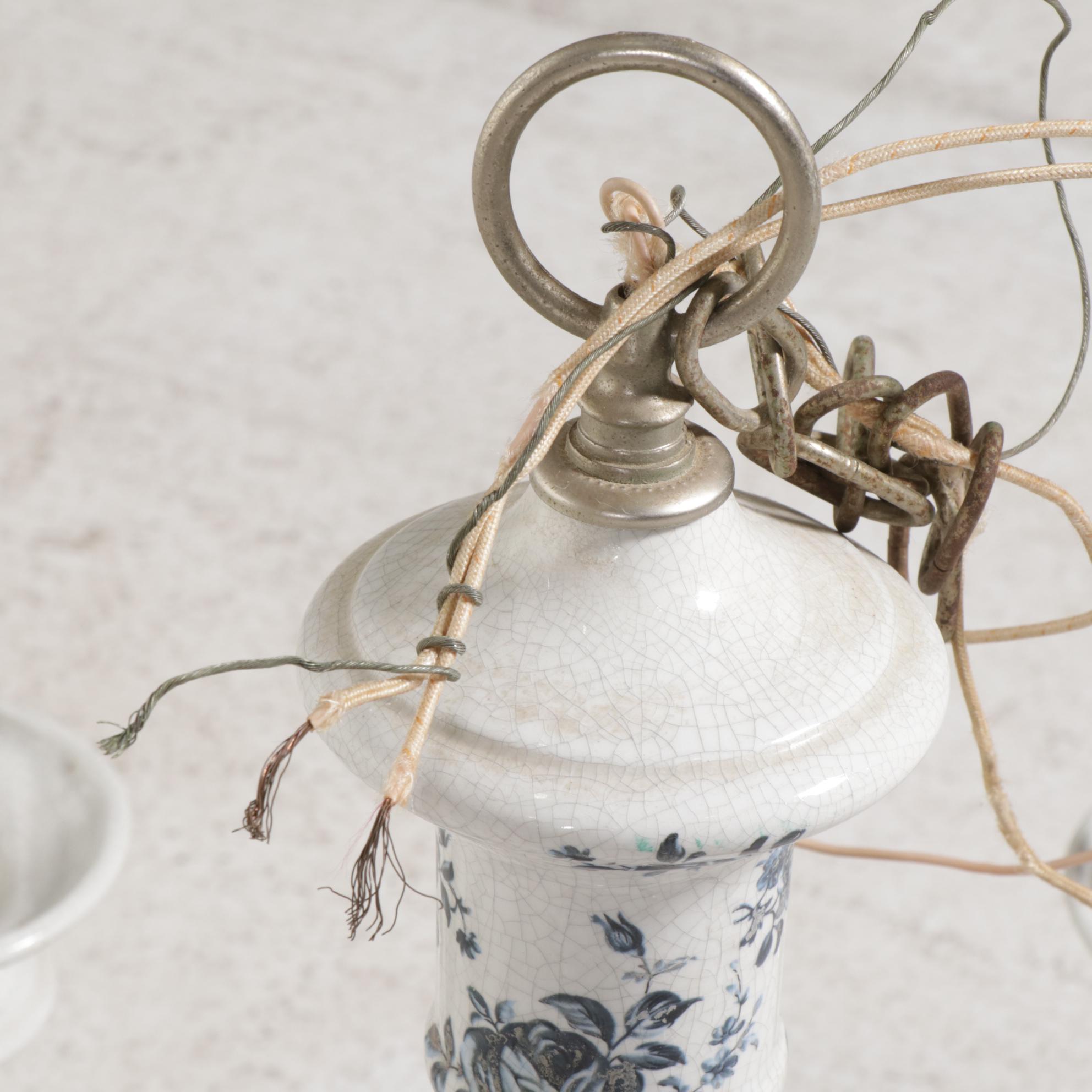 Blue and White Porcelain Pewter Finish Candelabra Chandelier