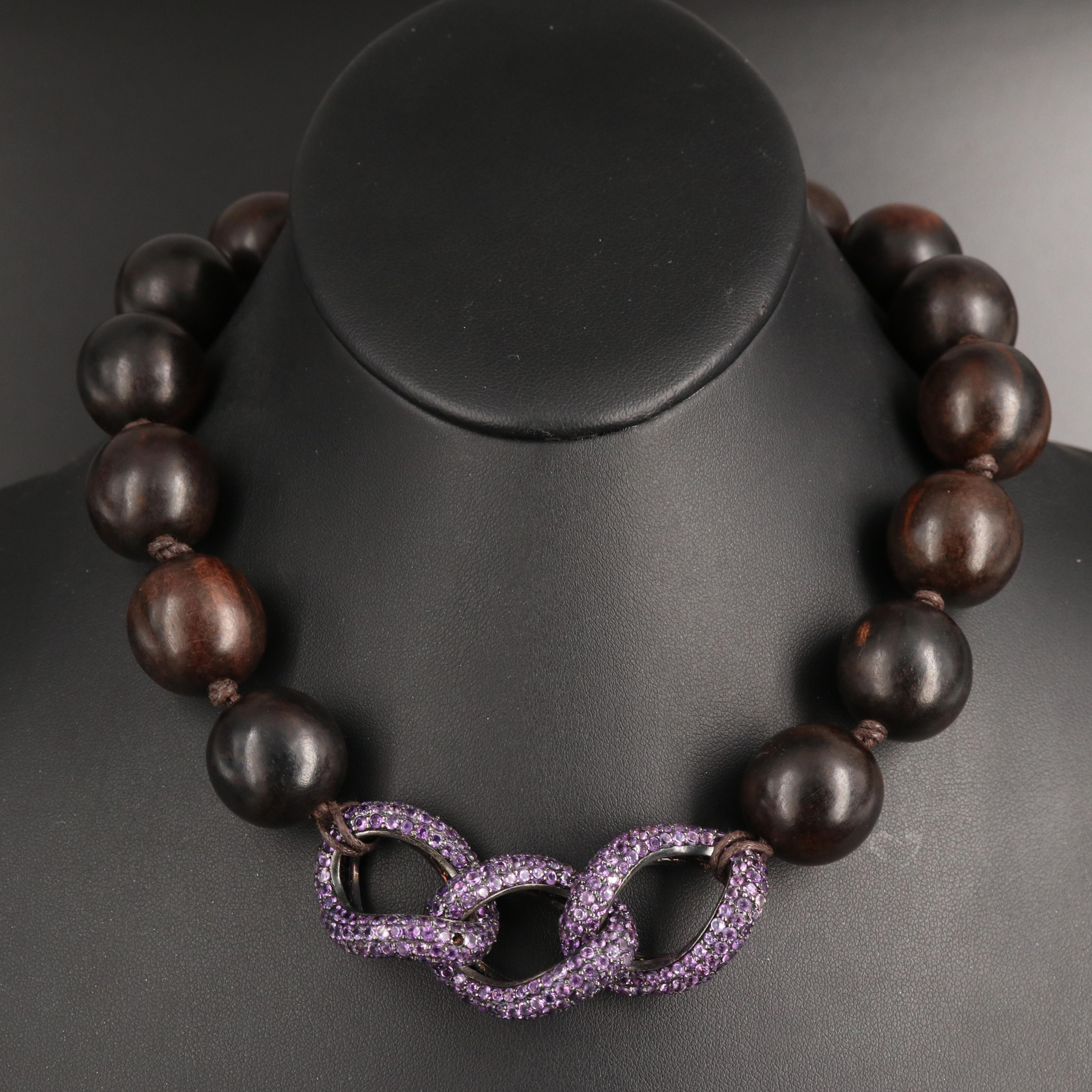 Sterling Pavé Amethyst Curb Link Station on Wood Bead Necklace