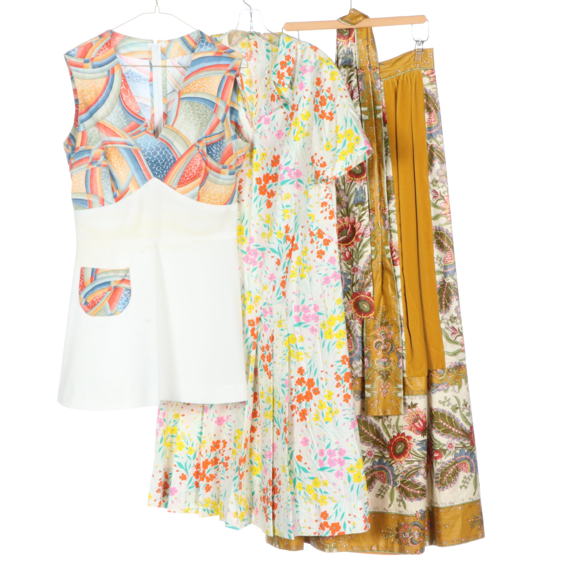Patterned Vintage Dresses, Skirt, and Crop Top, 1960s