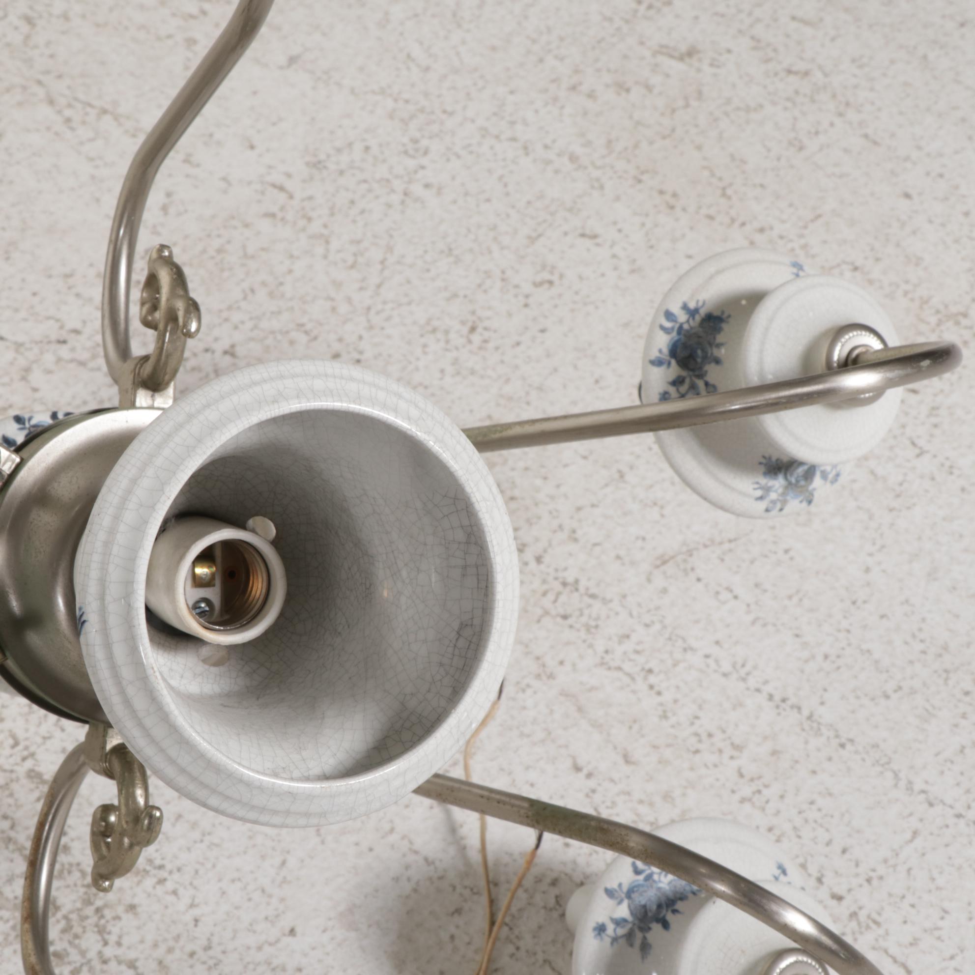 Blue and White Porcelain Pewter Finish Candelabra Chandelier