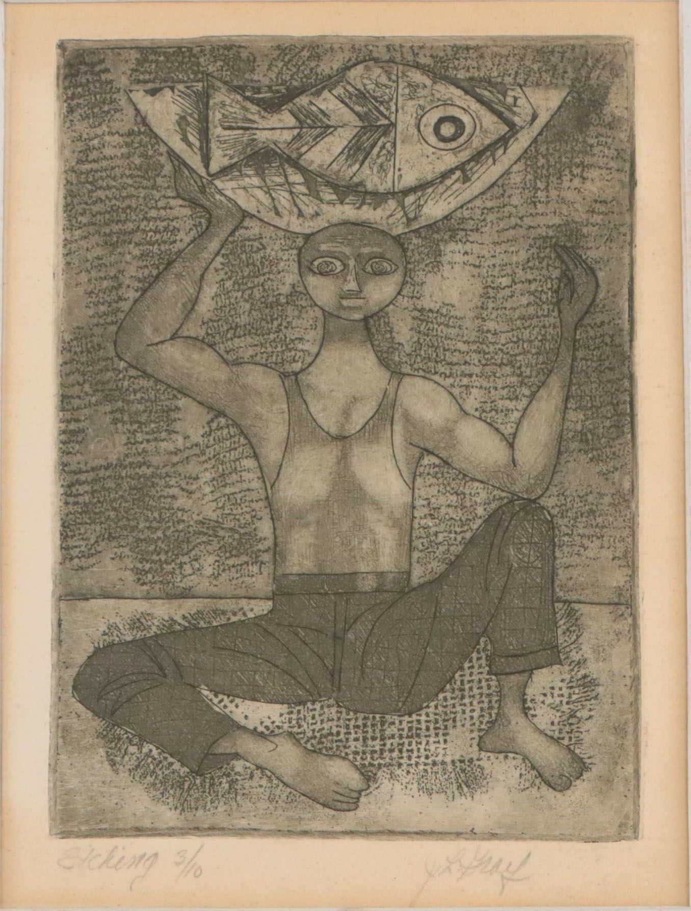 Etching of Man Holding Fish Over Head
