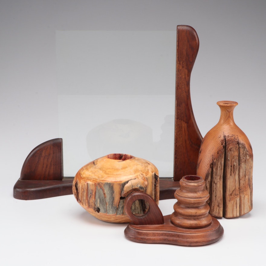 Live Edge Wooden Vases with Turned Wood Chamber Stick and Picture Frame