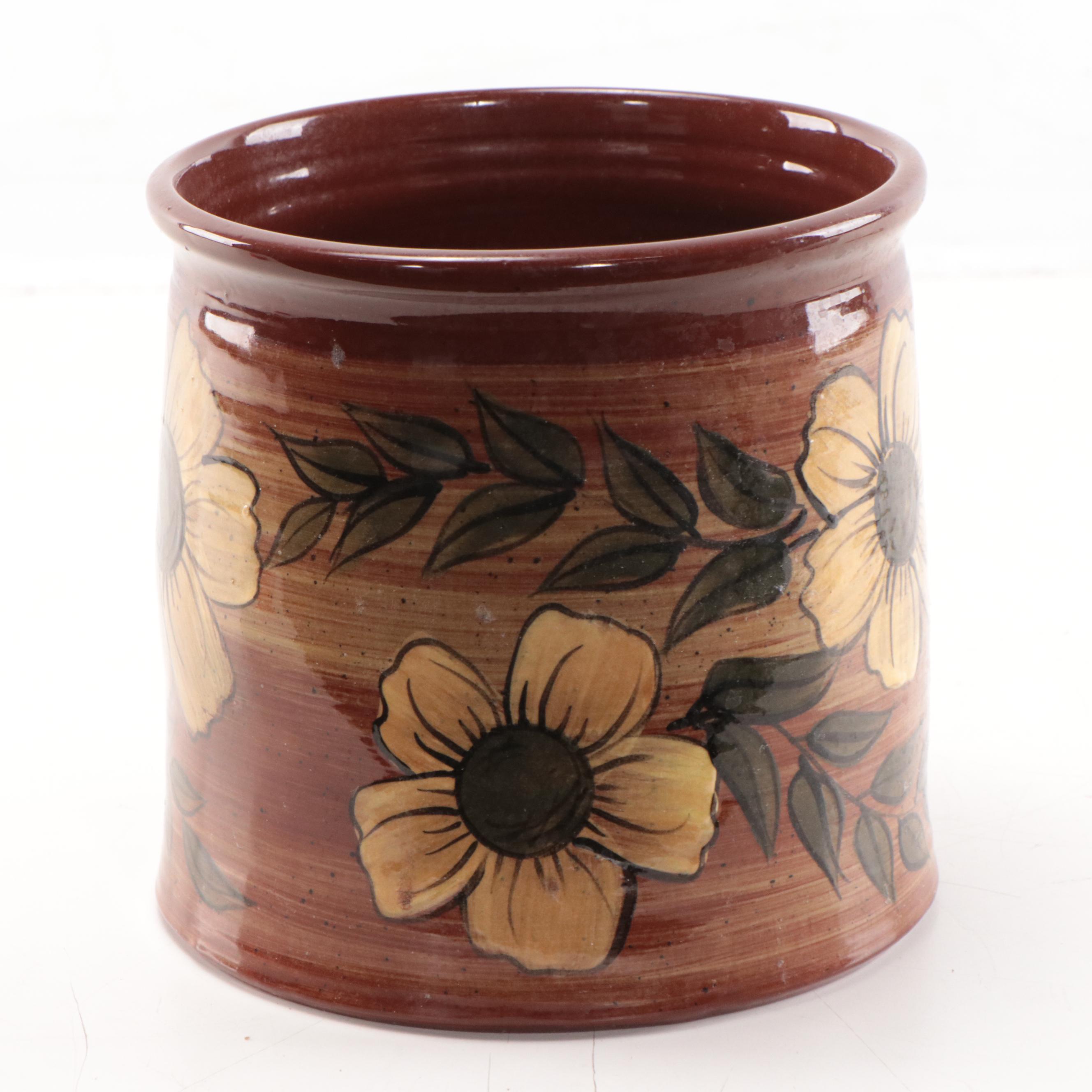 Eldreth Pottery Hand-Painted Floral Earthenware Pot, 2003