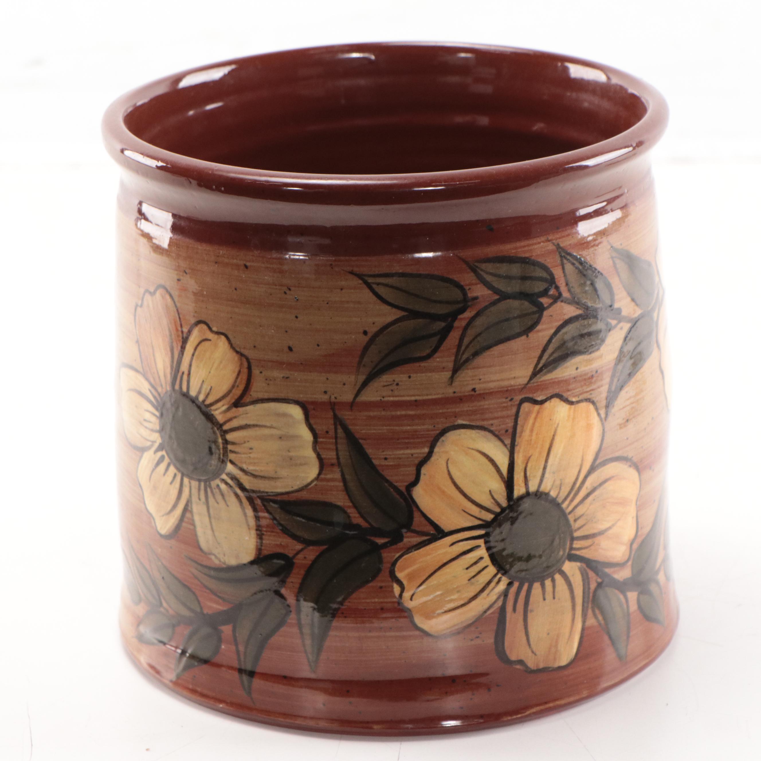 Eldreth Pottery Hand-Painted Floral Earthenware Pot, 2003