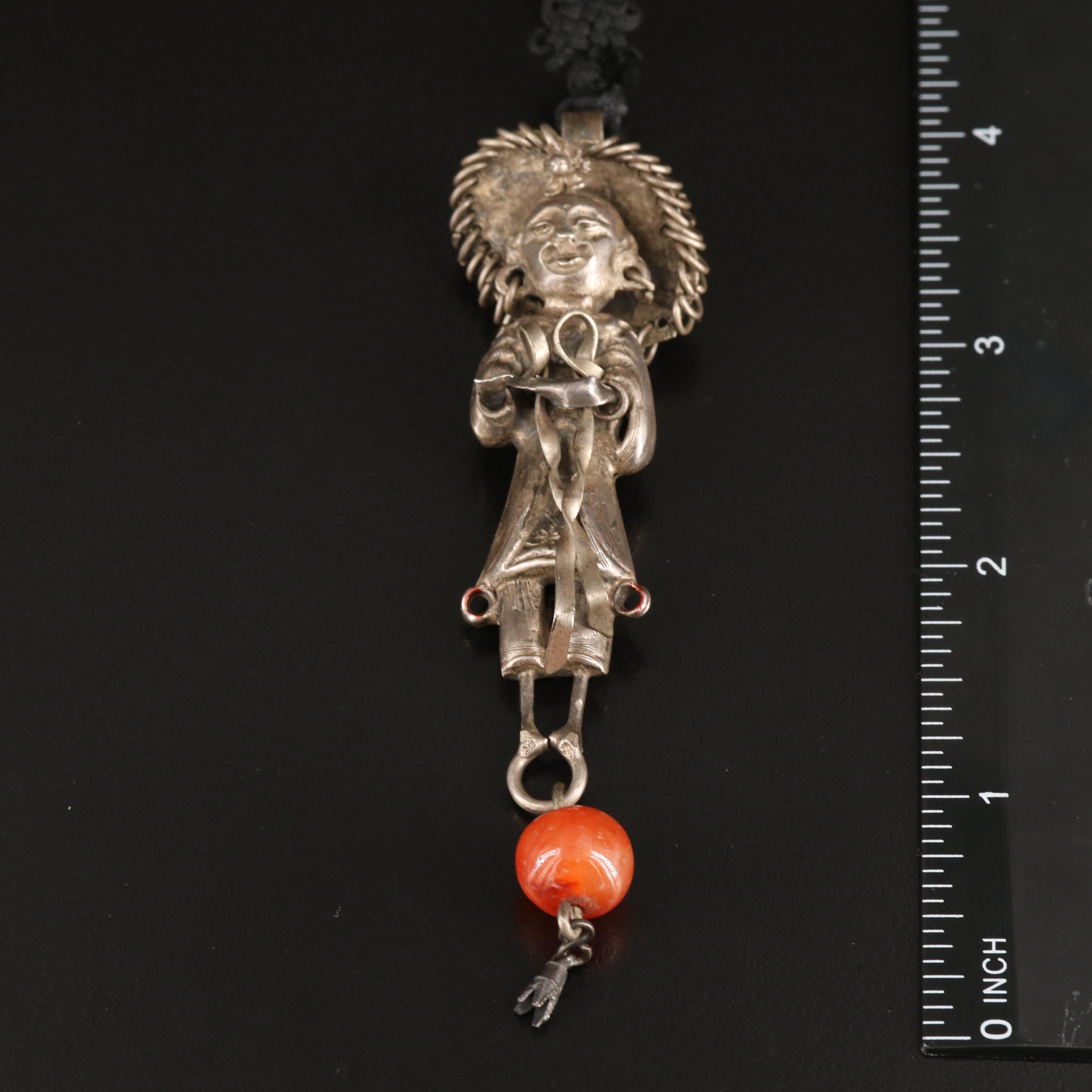 800 Silver Agate Asian Figure and Knotted Cord Necklace