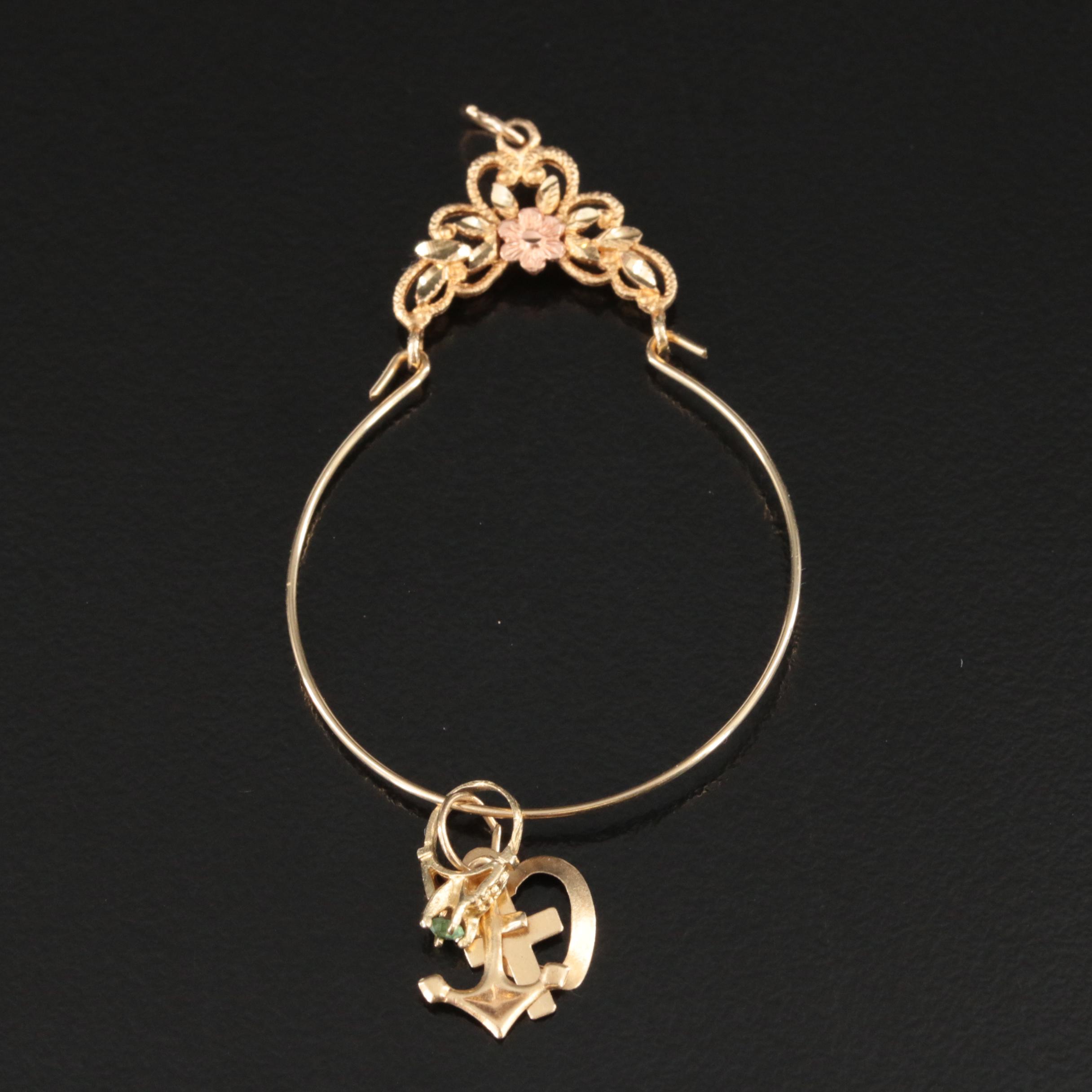 14K Tri-Color Floral Charm Holder Pendant with Cross Including Rhinestone