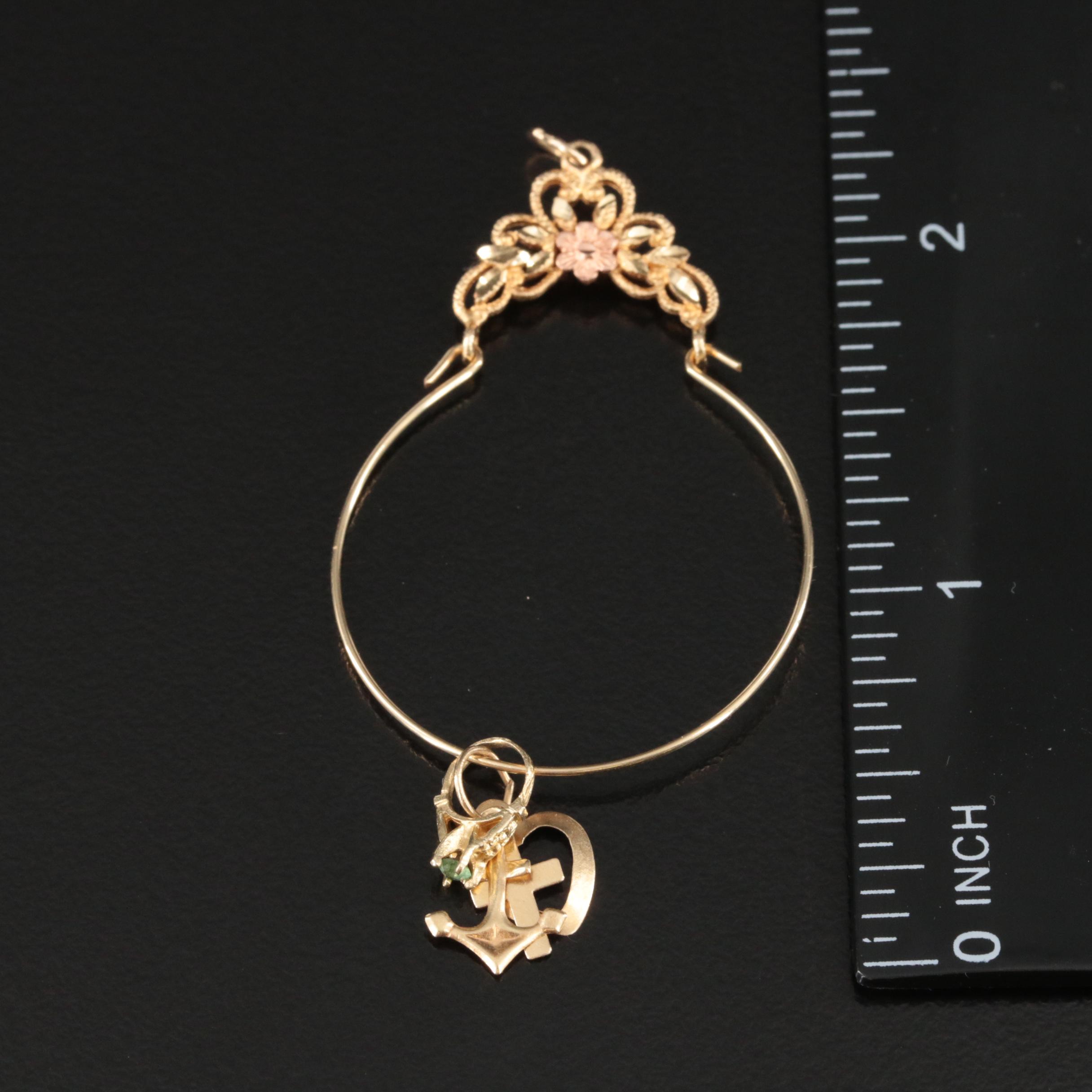 14K Tri-Color Floral Charm Holder Pendant with Cross Including Rhinestone