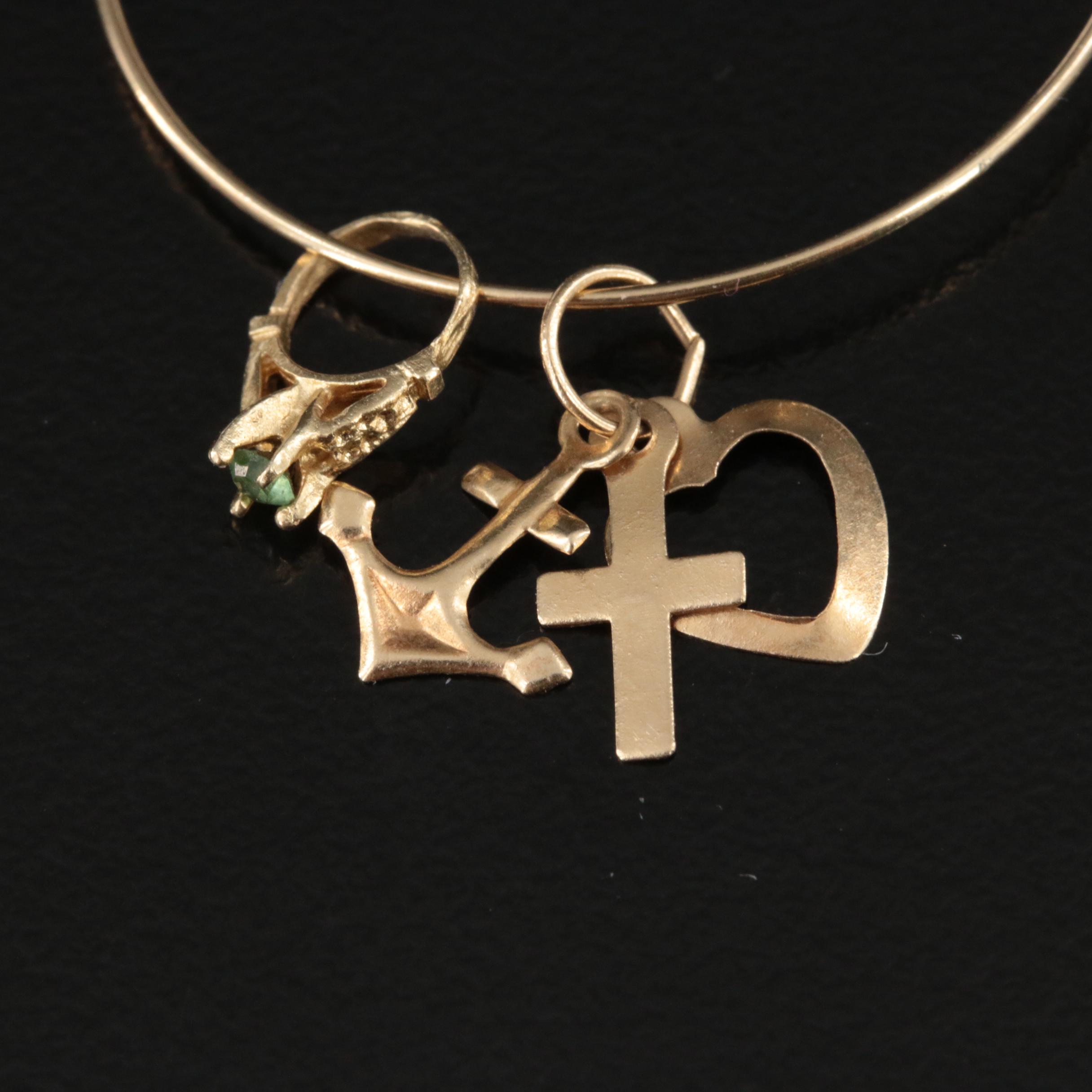 14K Tri-Color Floral Charm Holder Pendant with Cross Including Rhinestone