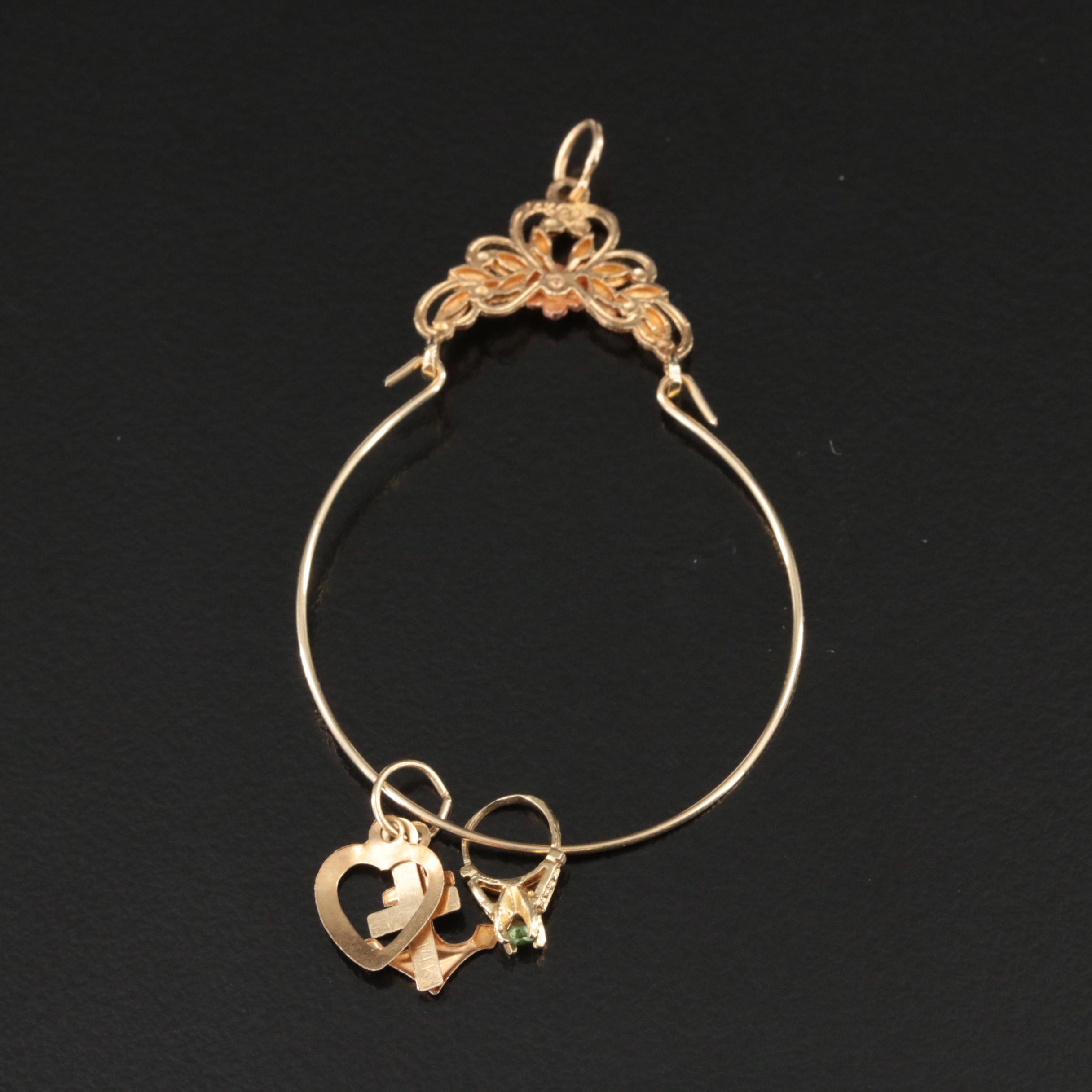 14K Tri-Color Floral Charm Holder Pendant with Cross Including Rhinestone