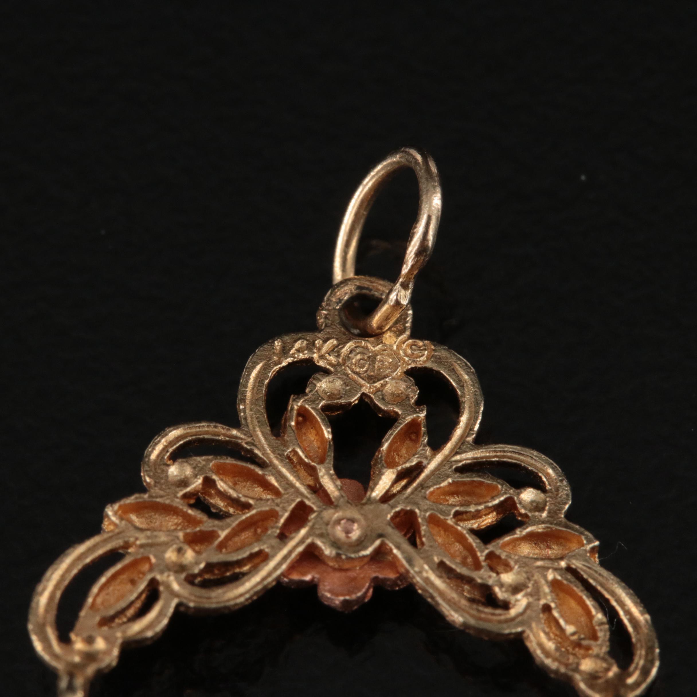 14K Tri-Color Floral Charm Holder Pendant with Cross Including Rhinestone