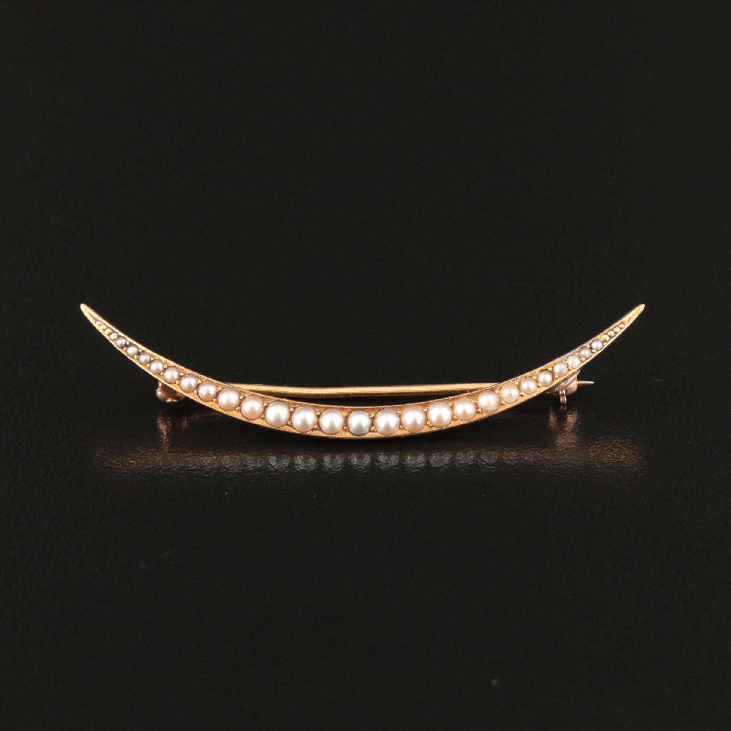 Vintage 14K Seed Pearls Crescent Brooch
