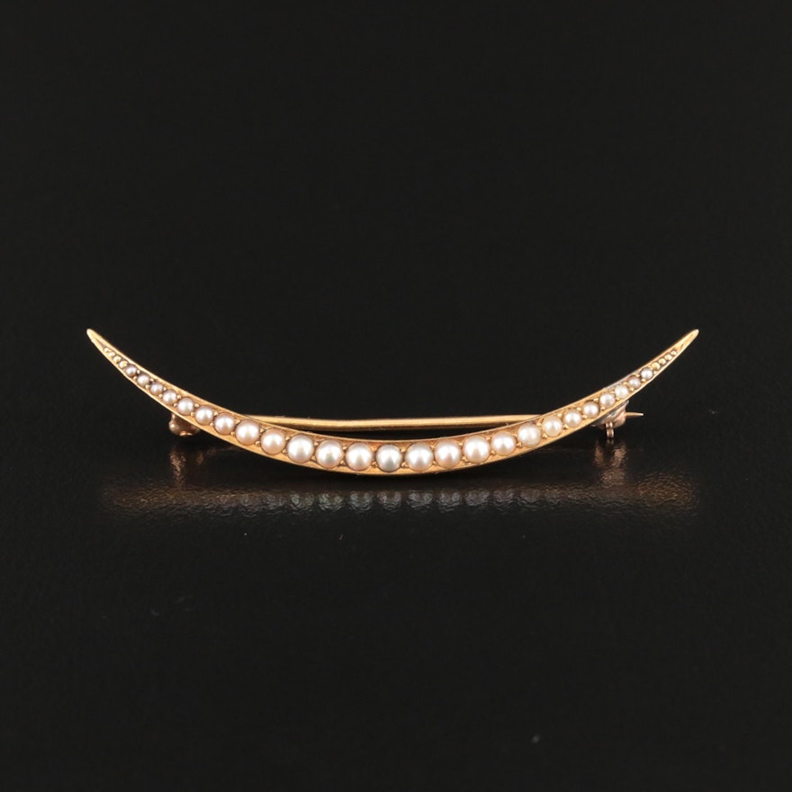 Vintage 14K Seed Pearls Crescent Brooch