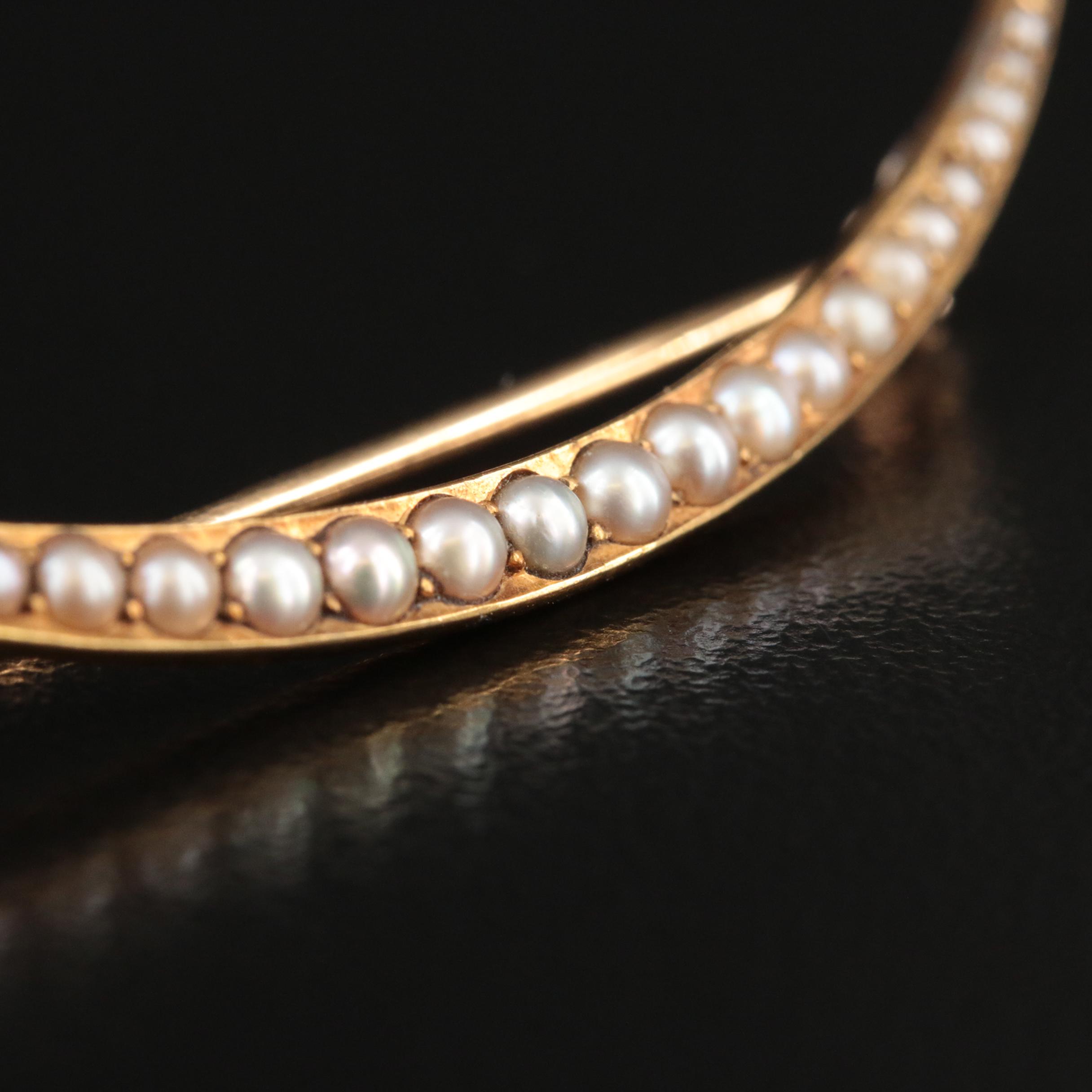 Vintage 14K Seed Pearls Crescent Brooch
