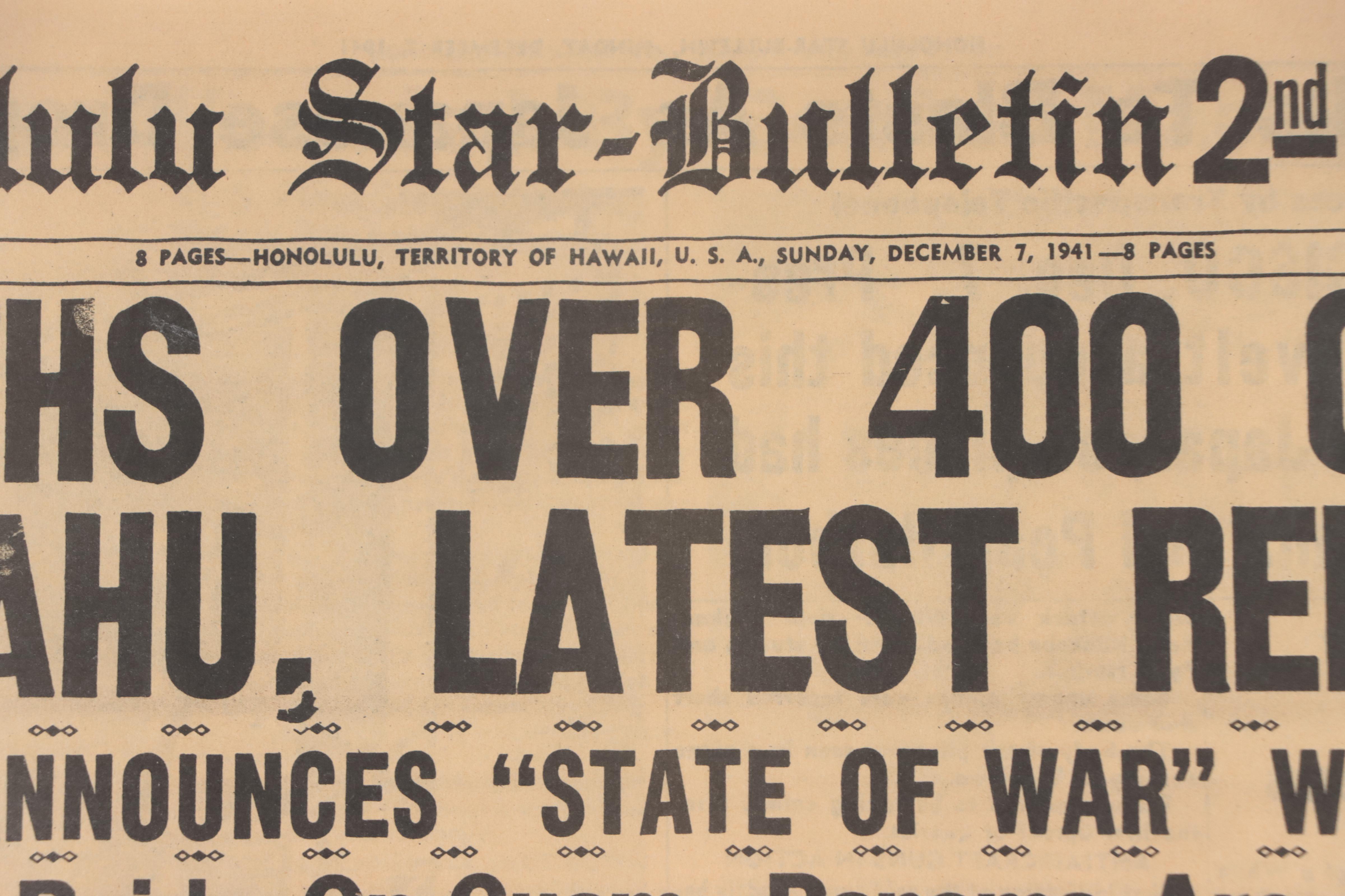 "Honolulu Star-Bulletin" Framed Newspapers Featuring Pearl Harbor Attack, 1941