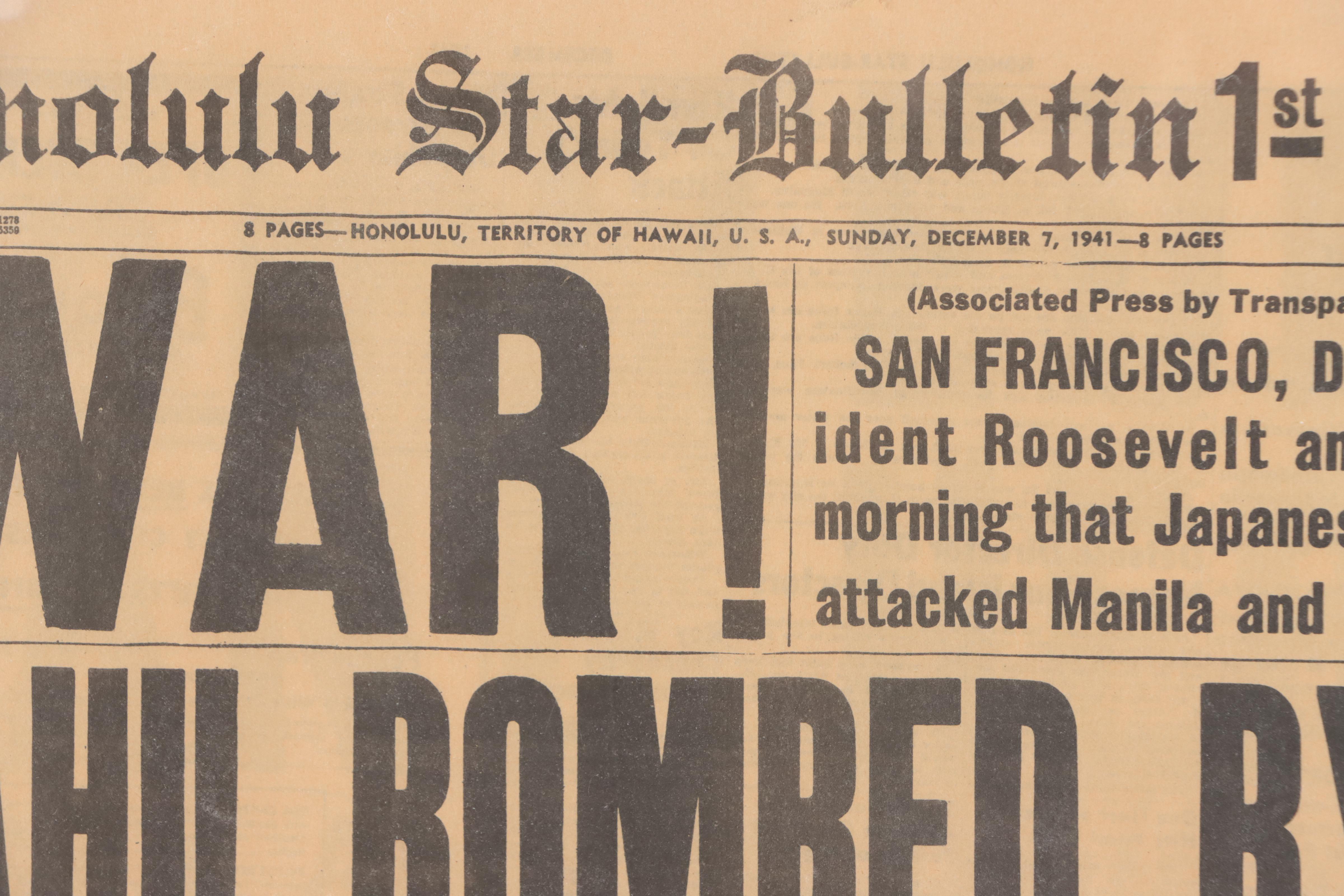 "Honolulu Star-Bulletin" Framed Newspapers Featuring Pearl Harbor Attack, 1941