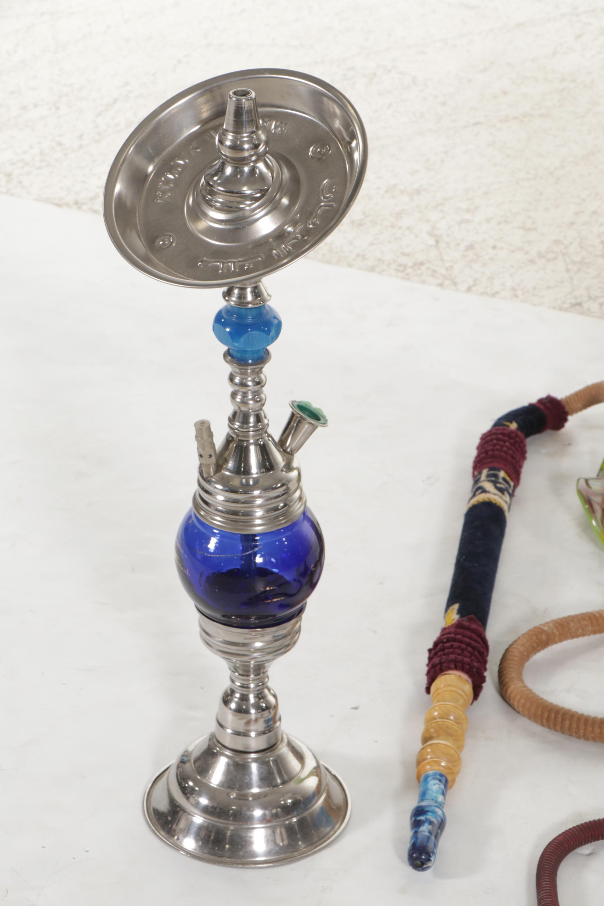 Jozefina Blown Glass Floor Vase with Two Metal and Glass Hookahs