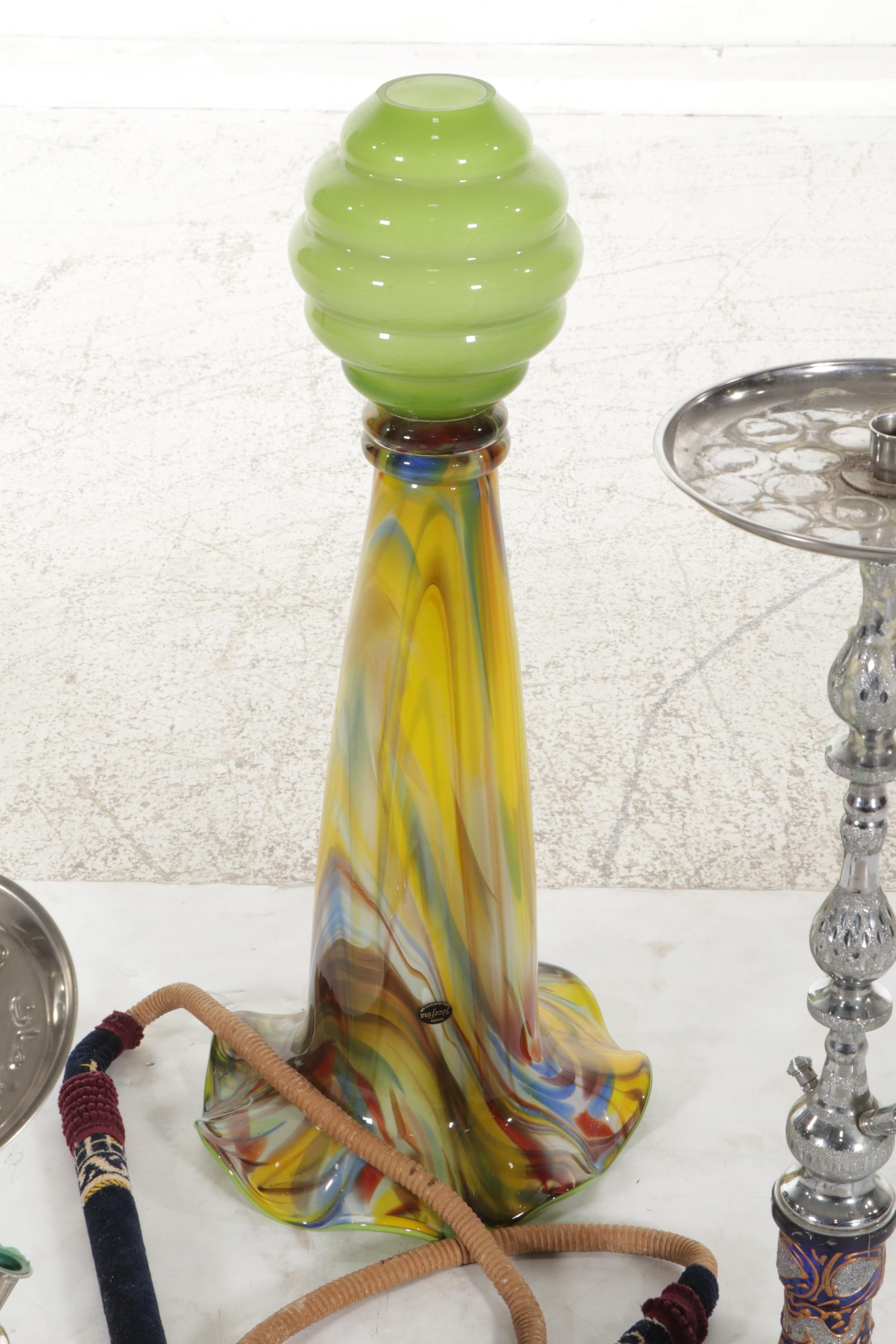 Jozefina Blown Glass Floor Vase with Two Metal and Glass Hookahs