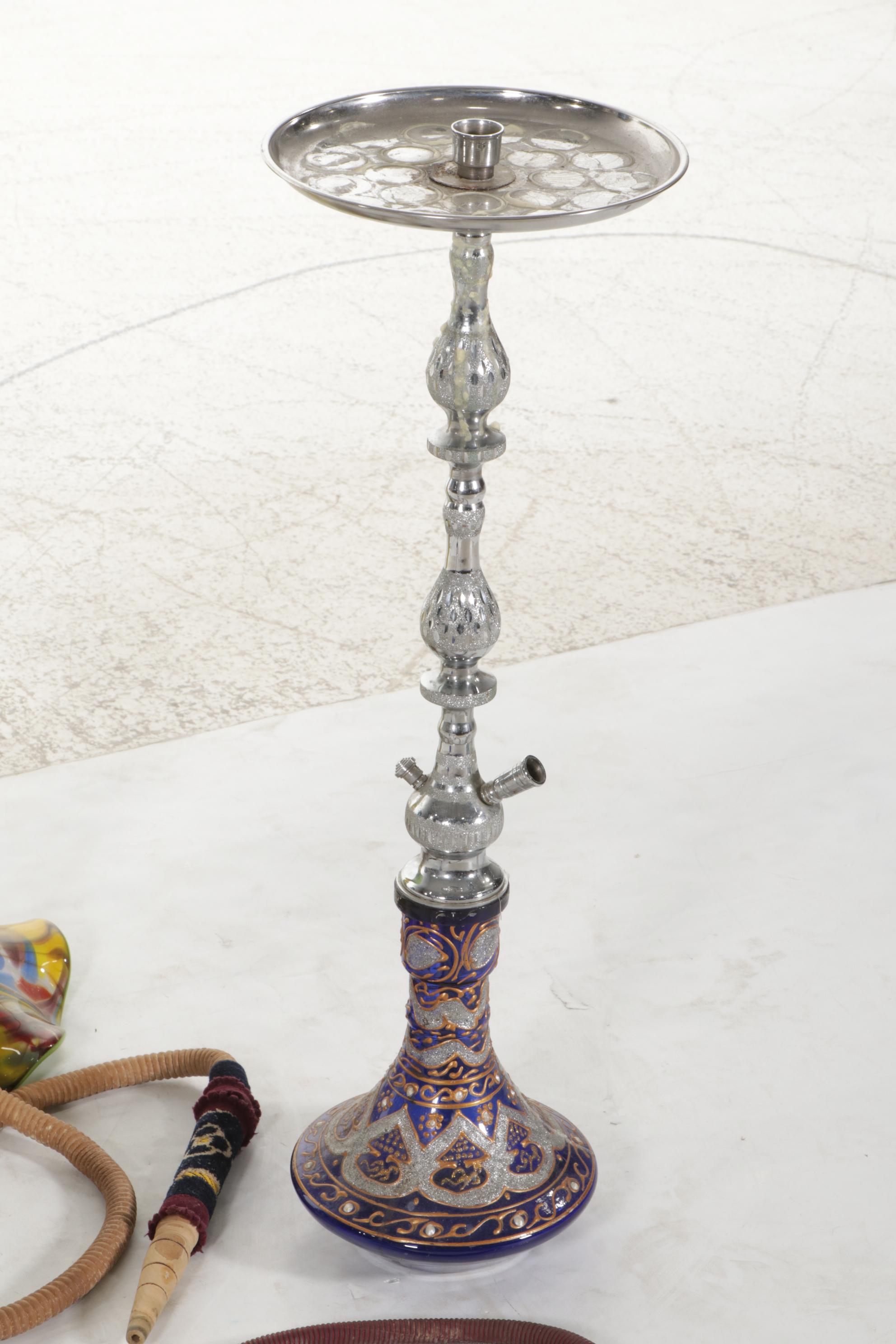 Jozefina Blown Glass Floor Vase with Two Metal and Glass Hookahs