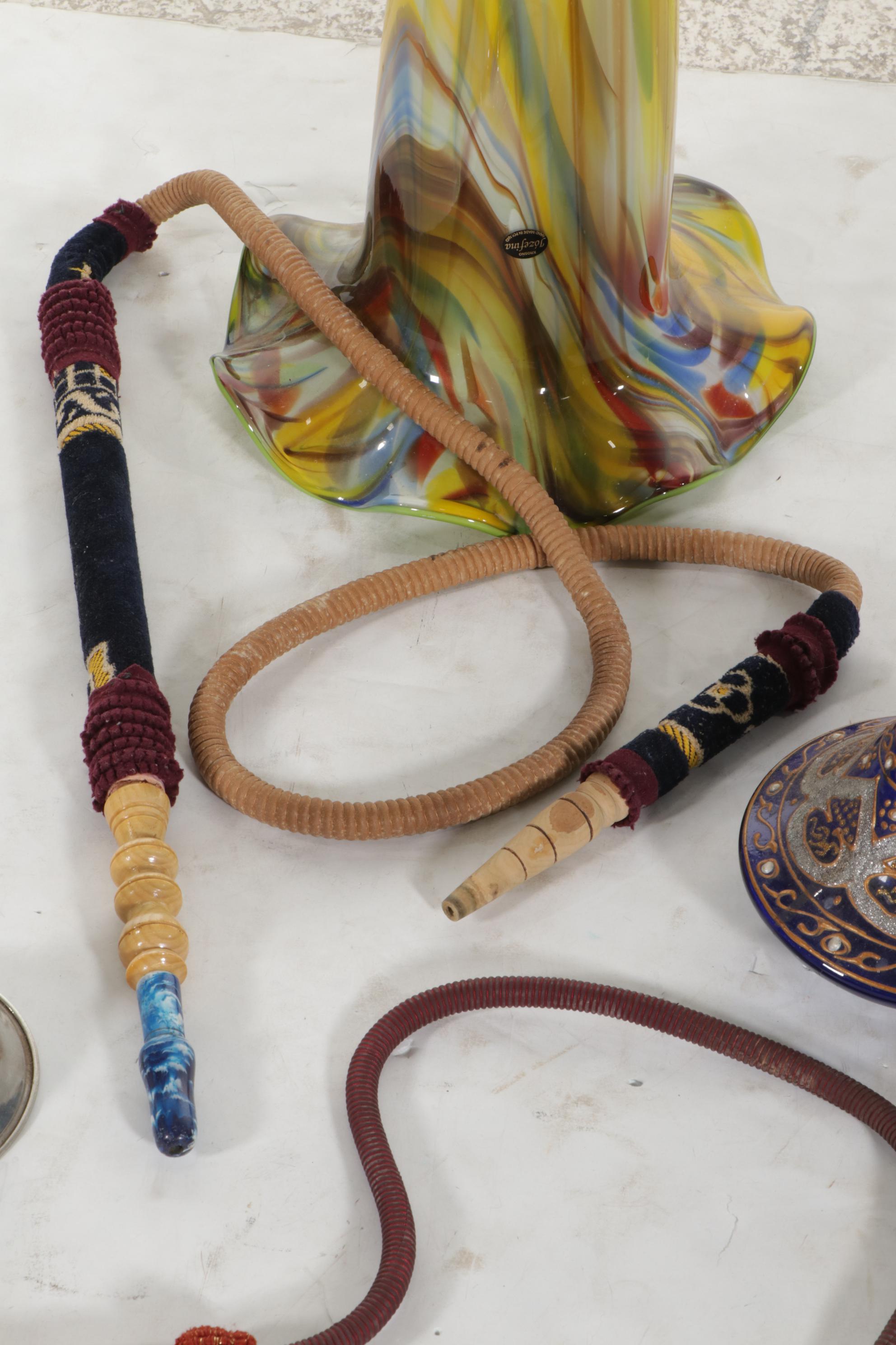 Jozefina Blown Glass Floor Vase with Two Metal and Glass Hookahs