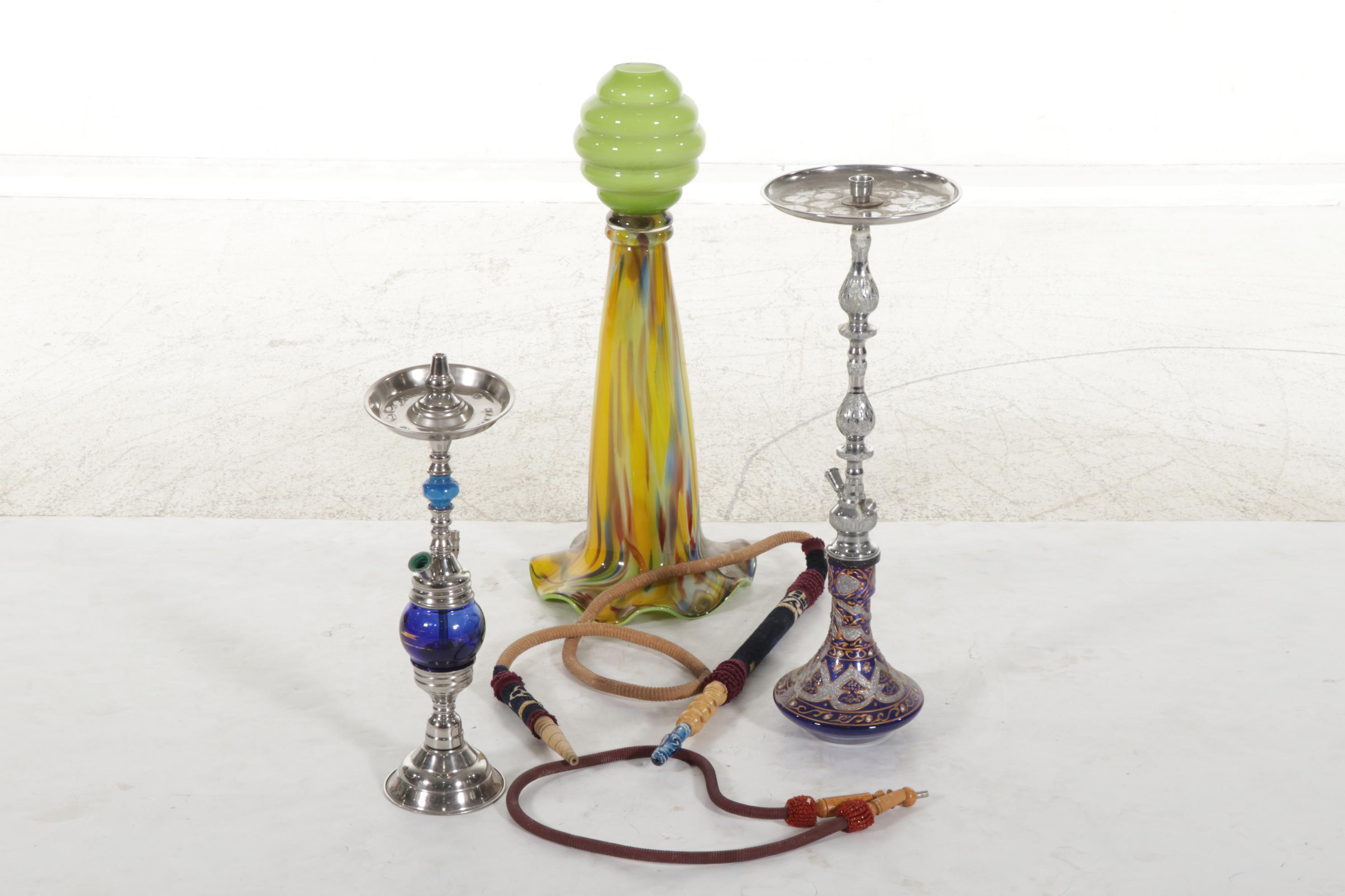 Jozefina Blown Glass Floor Vase with Two Metal and Glass Hookahs