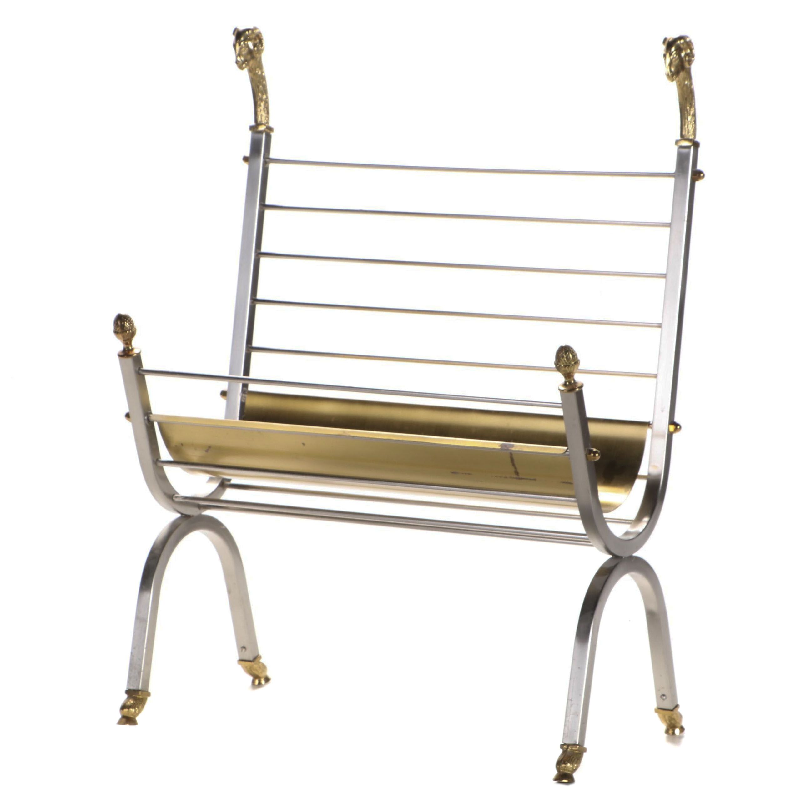 Italian Maison Jansen Style Brass and Steel Rams Head Magazine Rack, 1970s