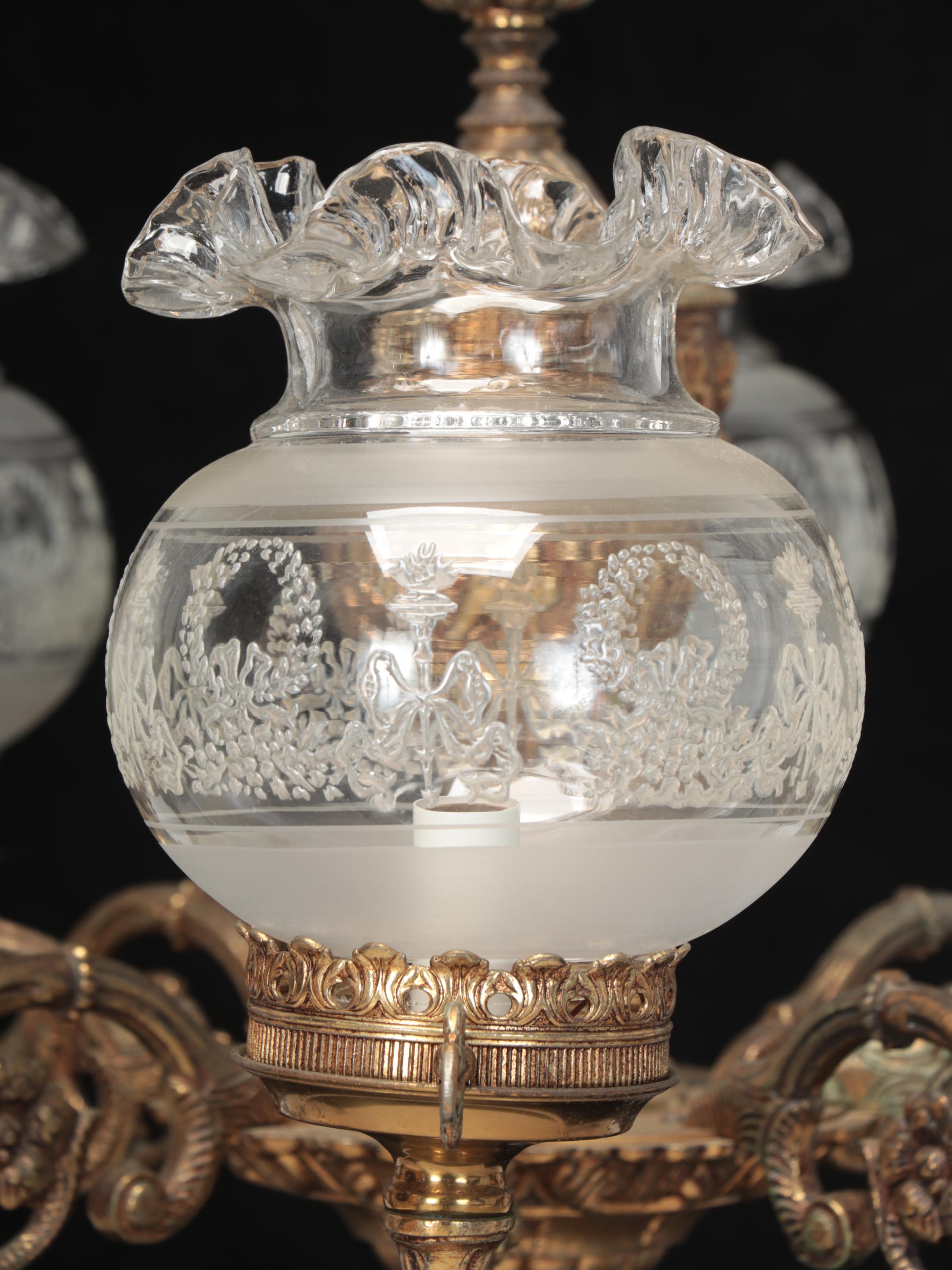 Victorian Baroque Style Putti Relief Gilt Metal Eight-Arm Chandelier