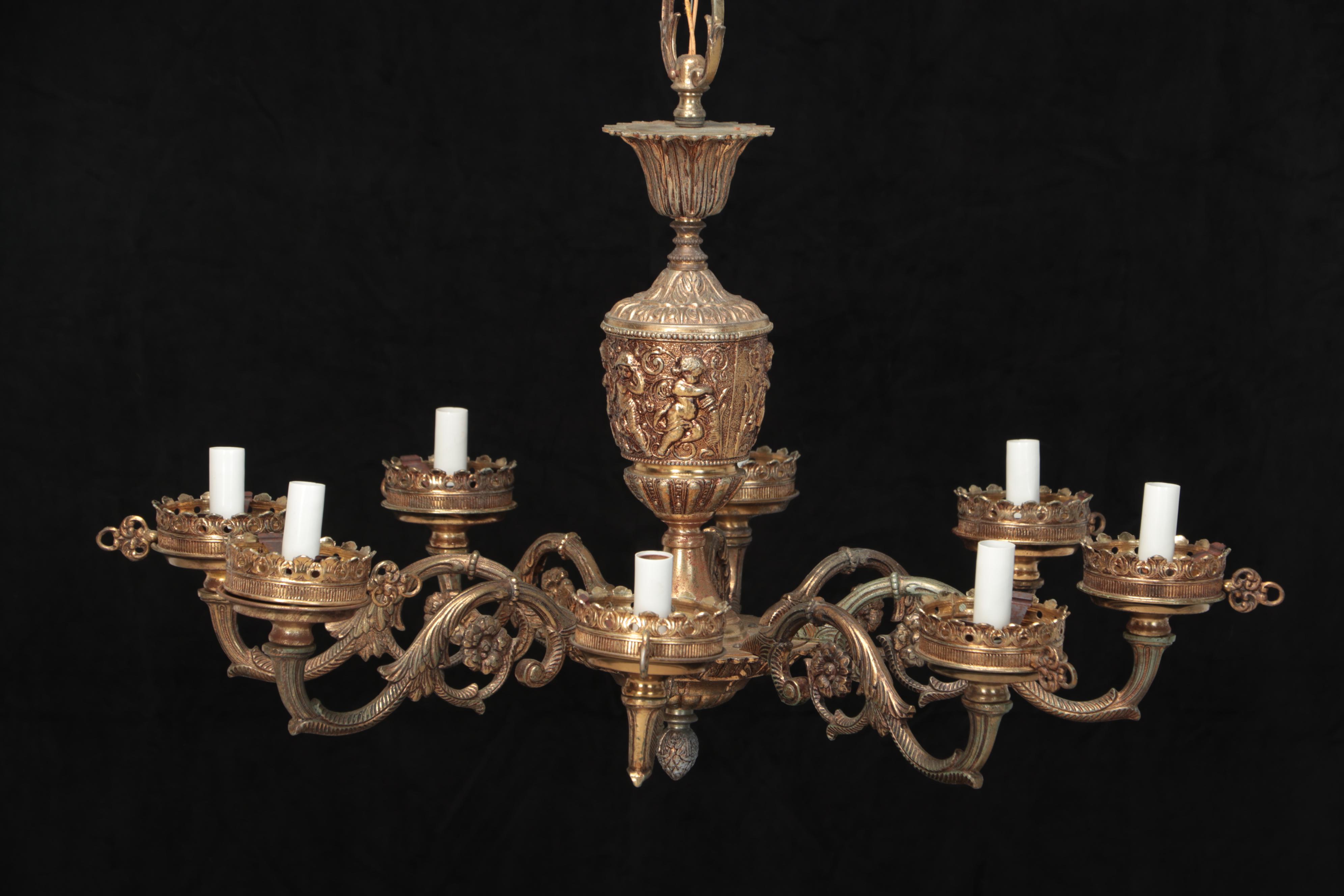 Victorian Baroque Style Putti Relief Gilt Metal Eight-Arm Chandelier