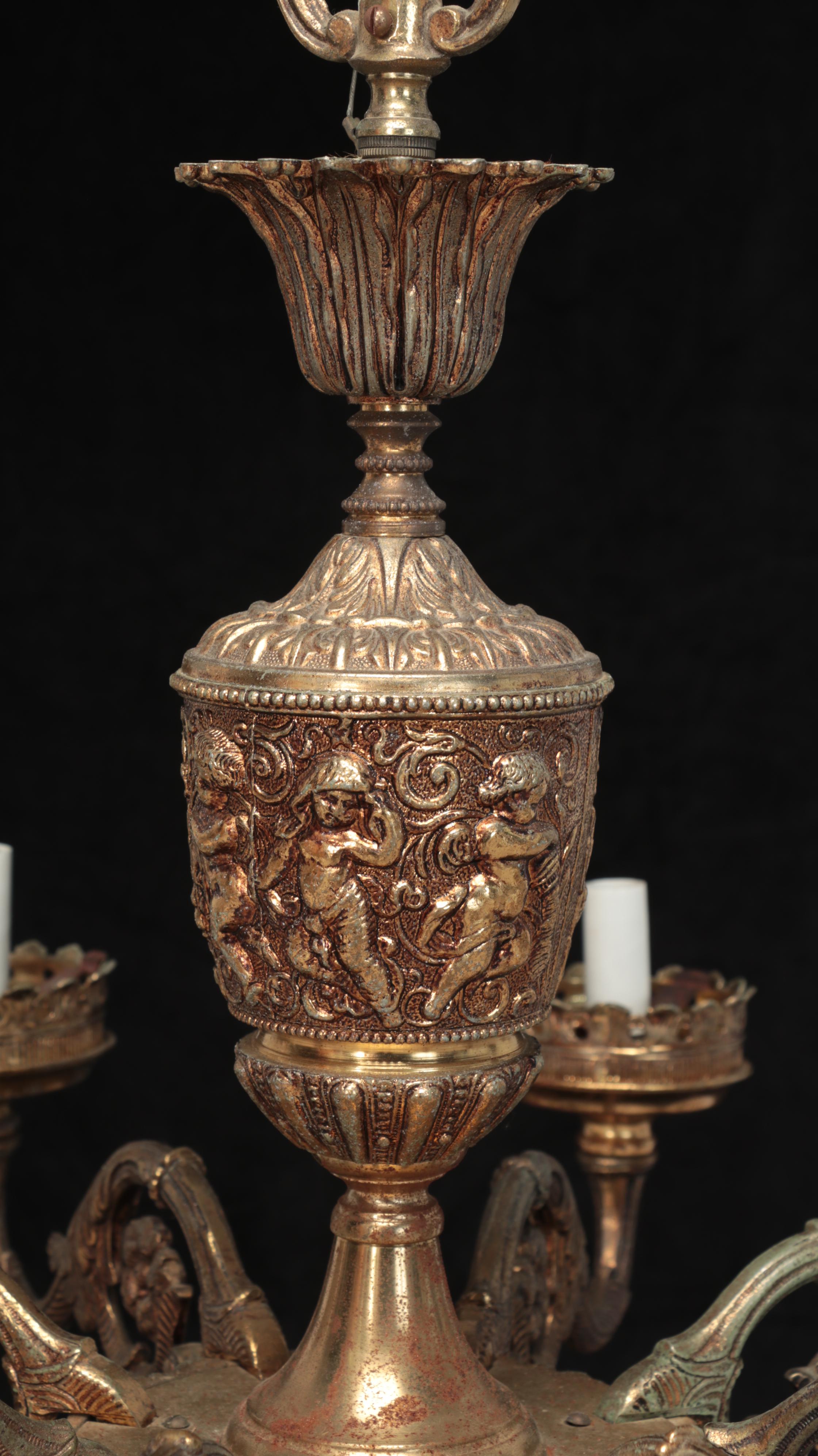 Victorian Baroque Style Putti Relief Gilt Metal Eight-Arm Chandelier