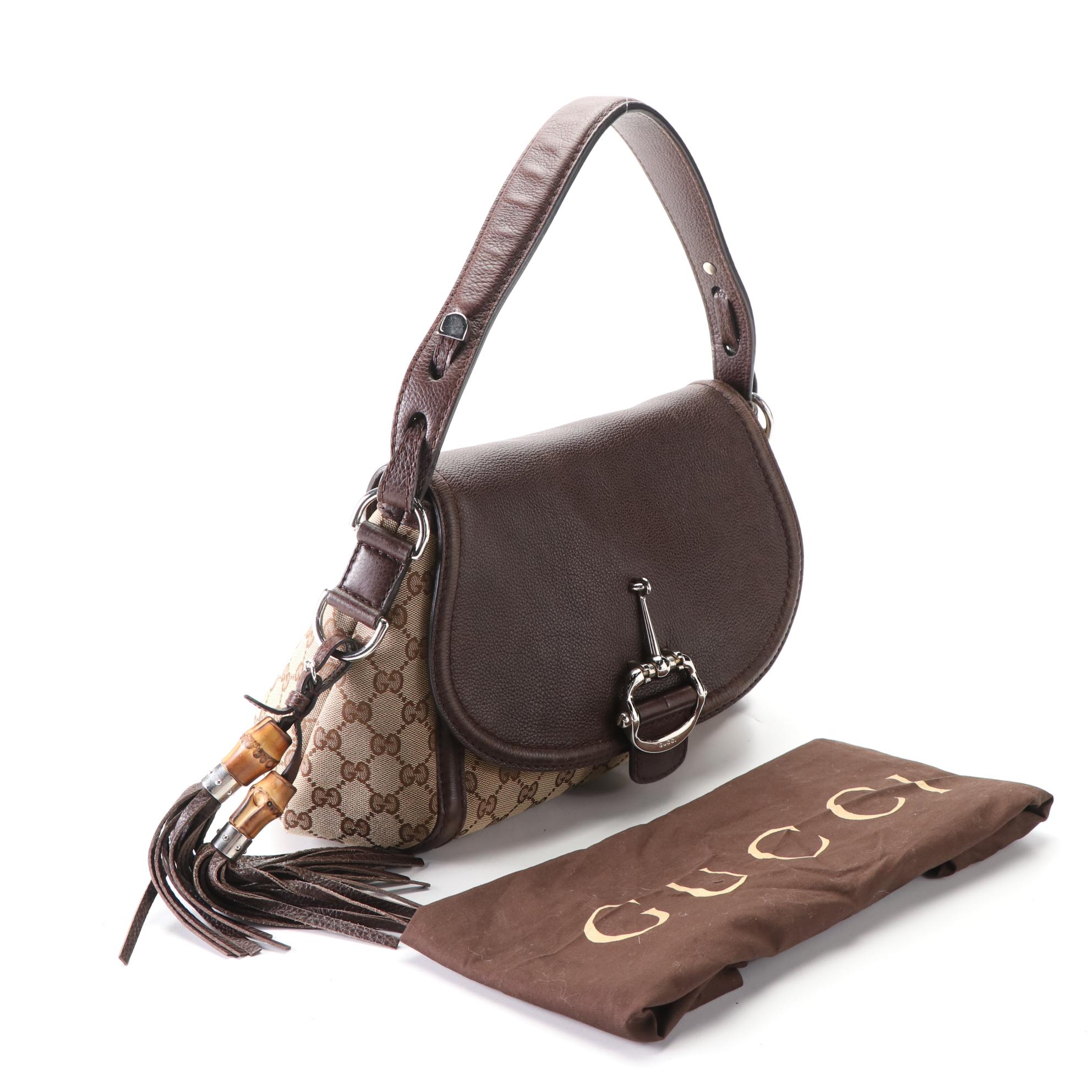 Gucci Shoulder Bag in GG Canvas and Brown Textured Leather with Bamboo Tassels