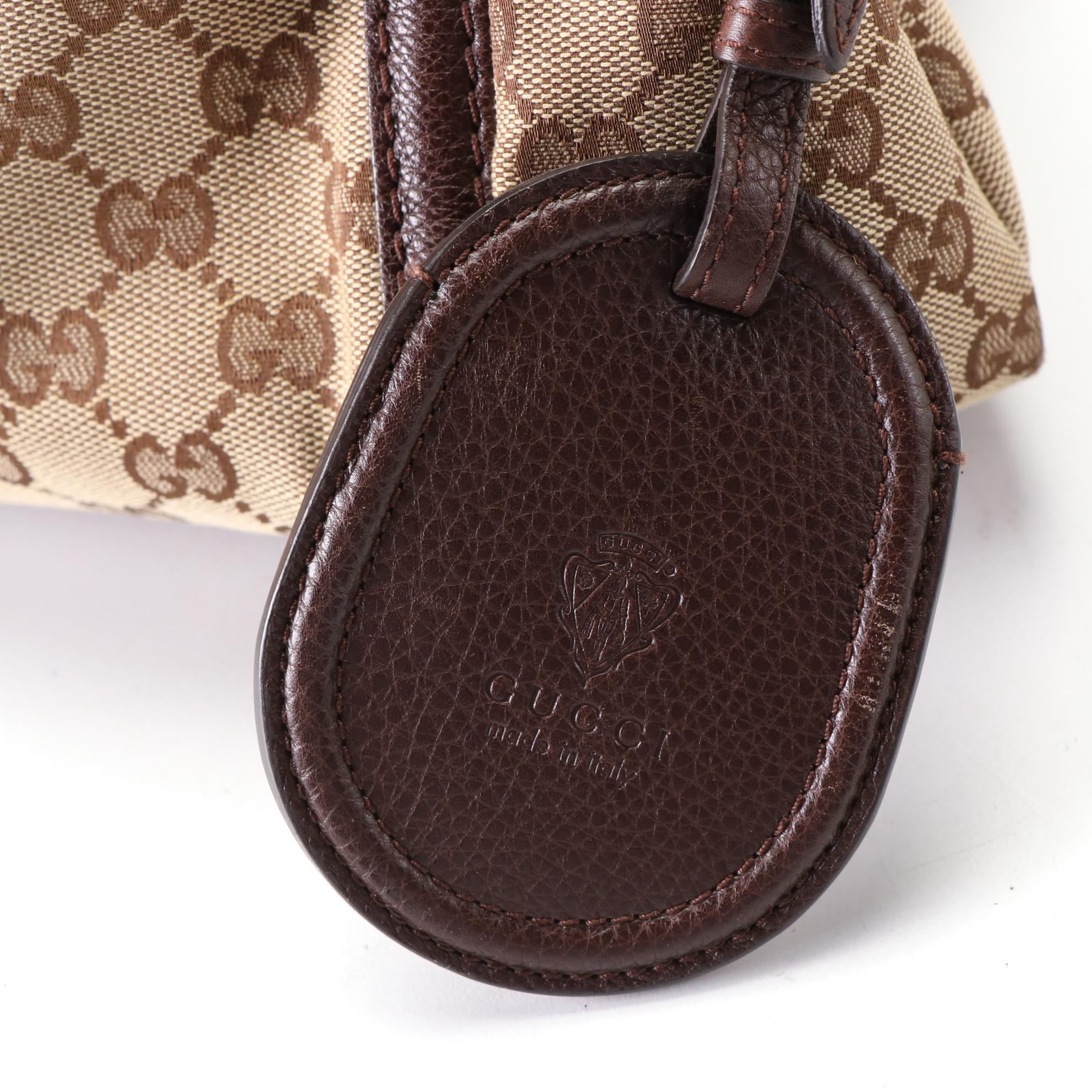 Gucci Shoulder Bag in GG Canvas and Brown Textured Leather with Bamboo Tassels