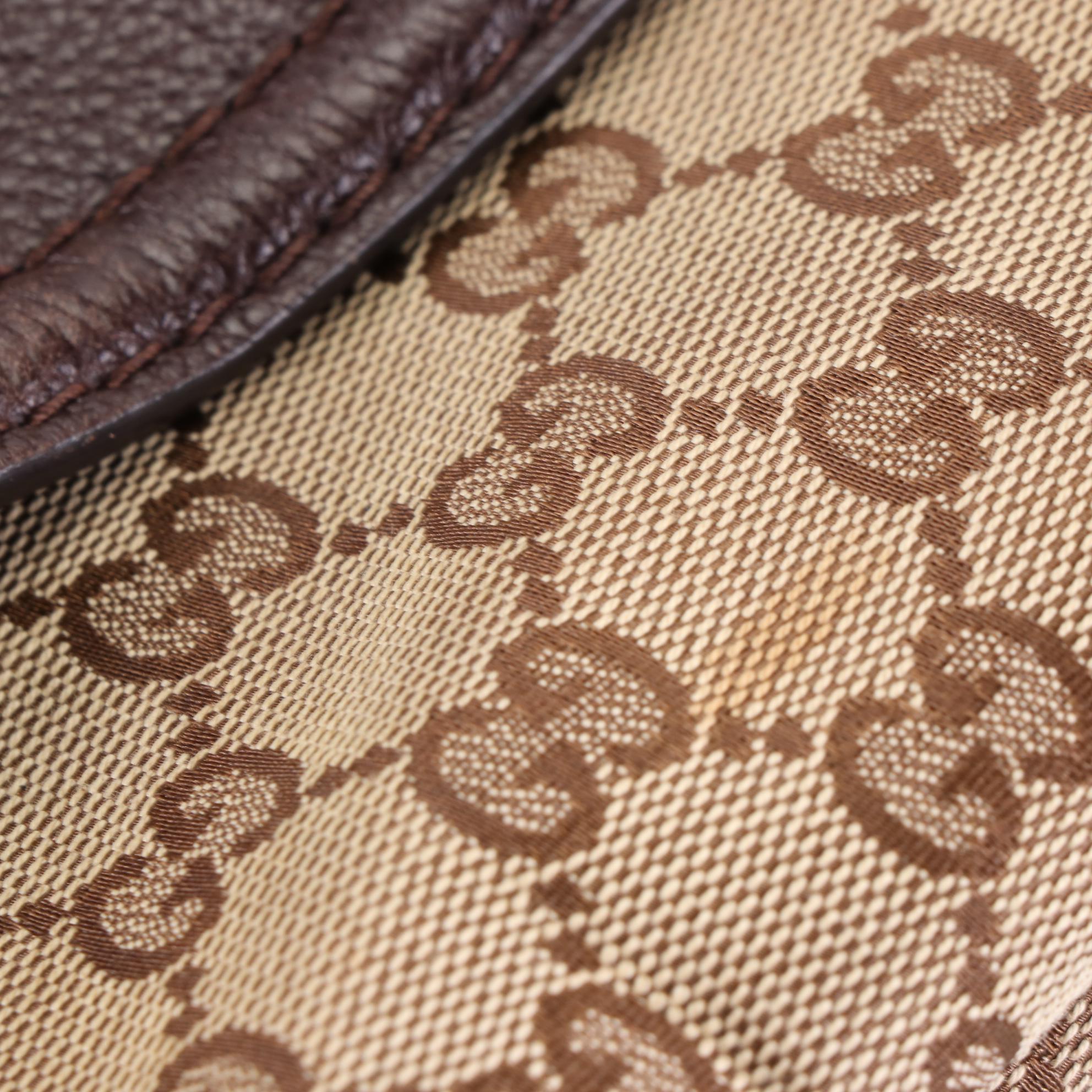 Gucci Shoulder Bag in GG Canvas and Brown Textured Leather with Bamboo Tassels