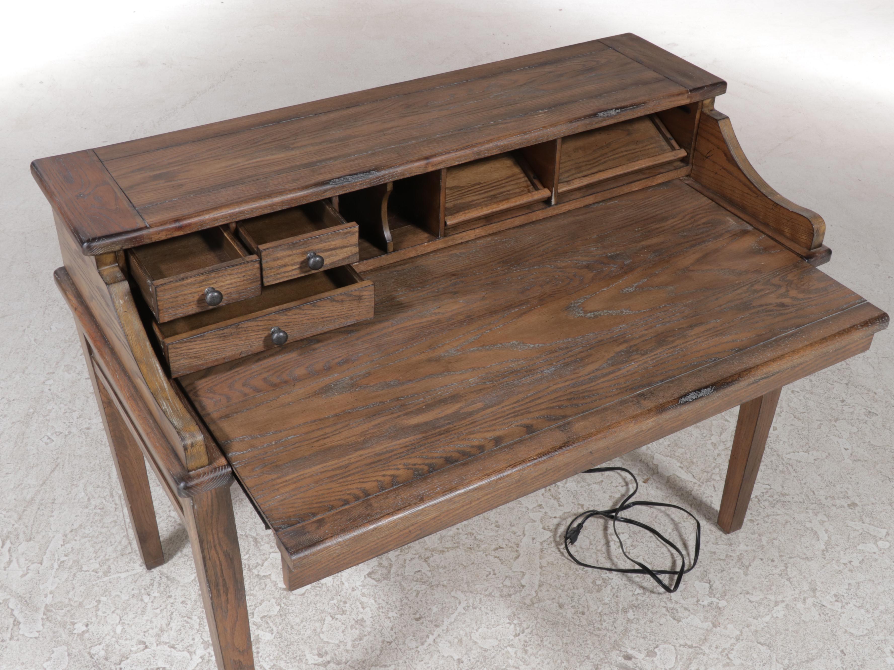 Rustic Oak Desk with Upholstered Side Chair