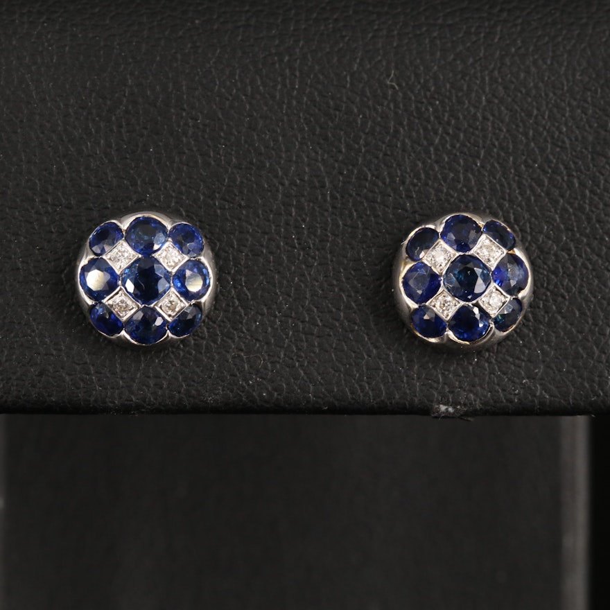 18K Sapphire and Diamond Checkerboard Stud Earrings