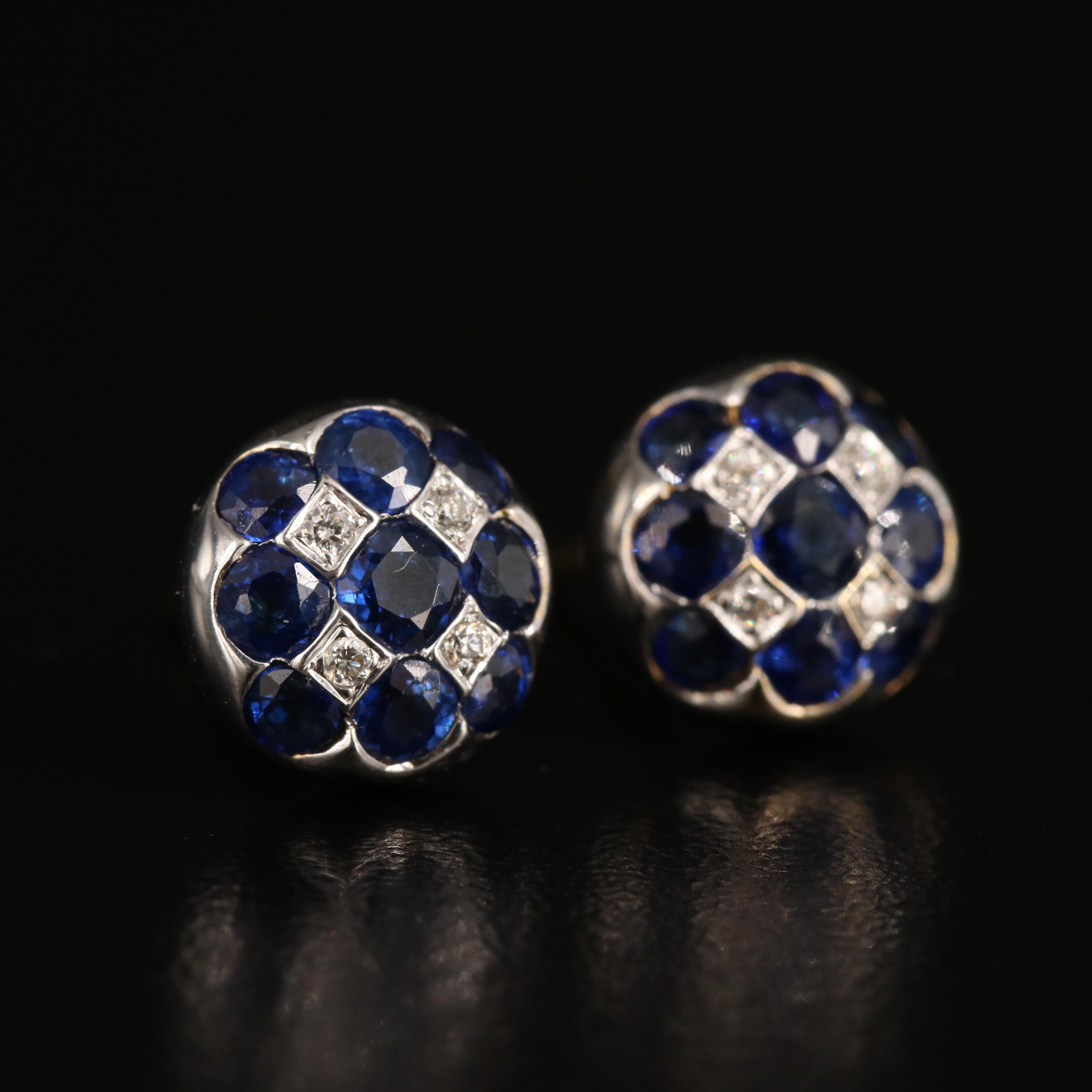 18K Sapphire and Diamond Checkerboard Stud Earrings