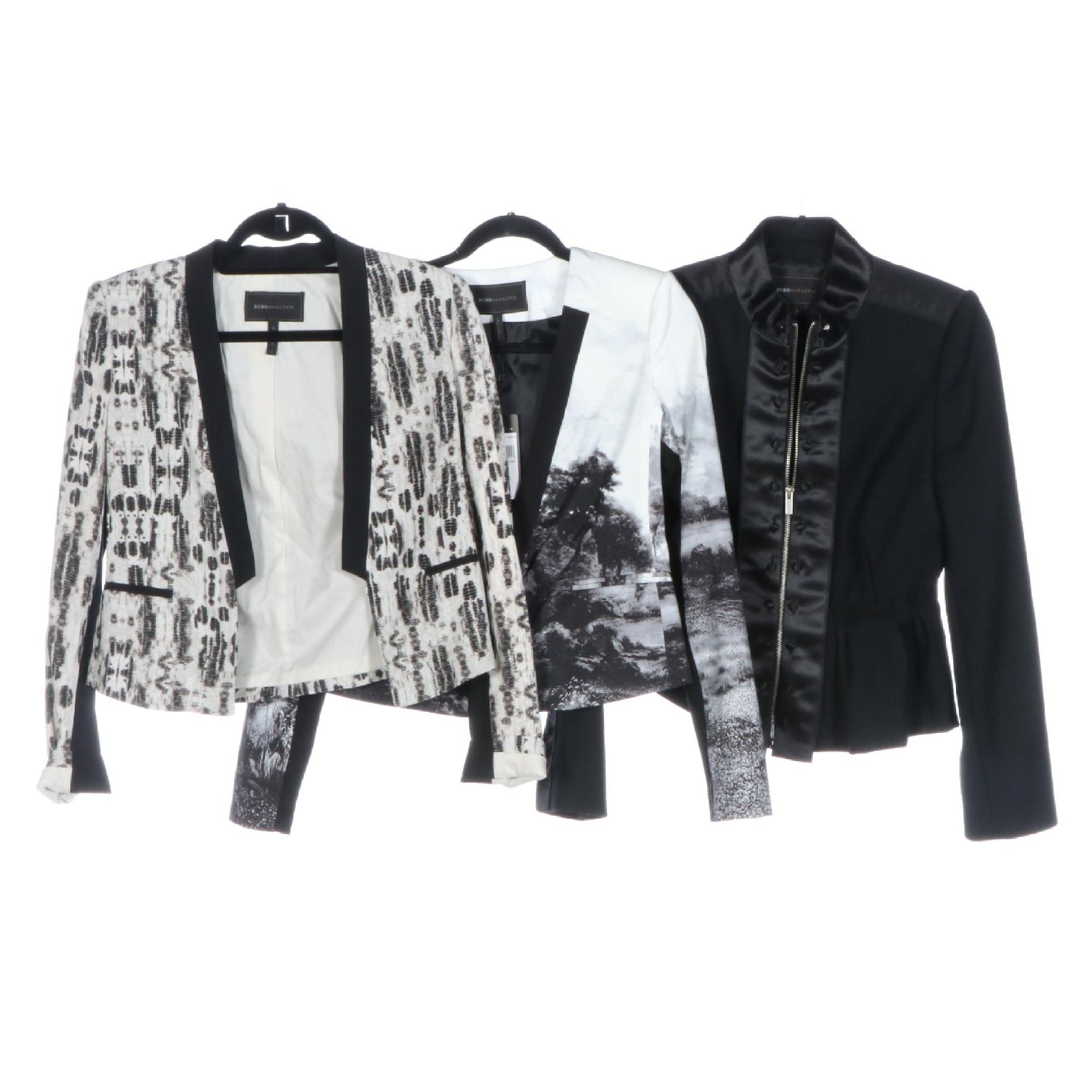 BCBG Maxazria Peplum Jacket with Satin Trim and Collarless Crop Jackets in Print