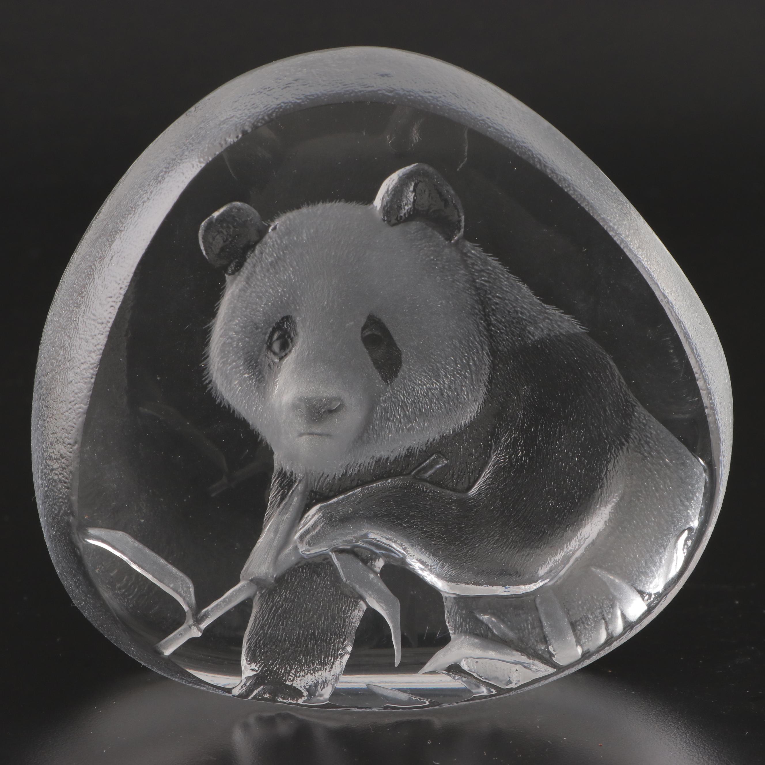Mats Jonasson for Målerås Signed Swedish Crystal Block Panda Paperweight