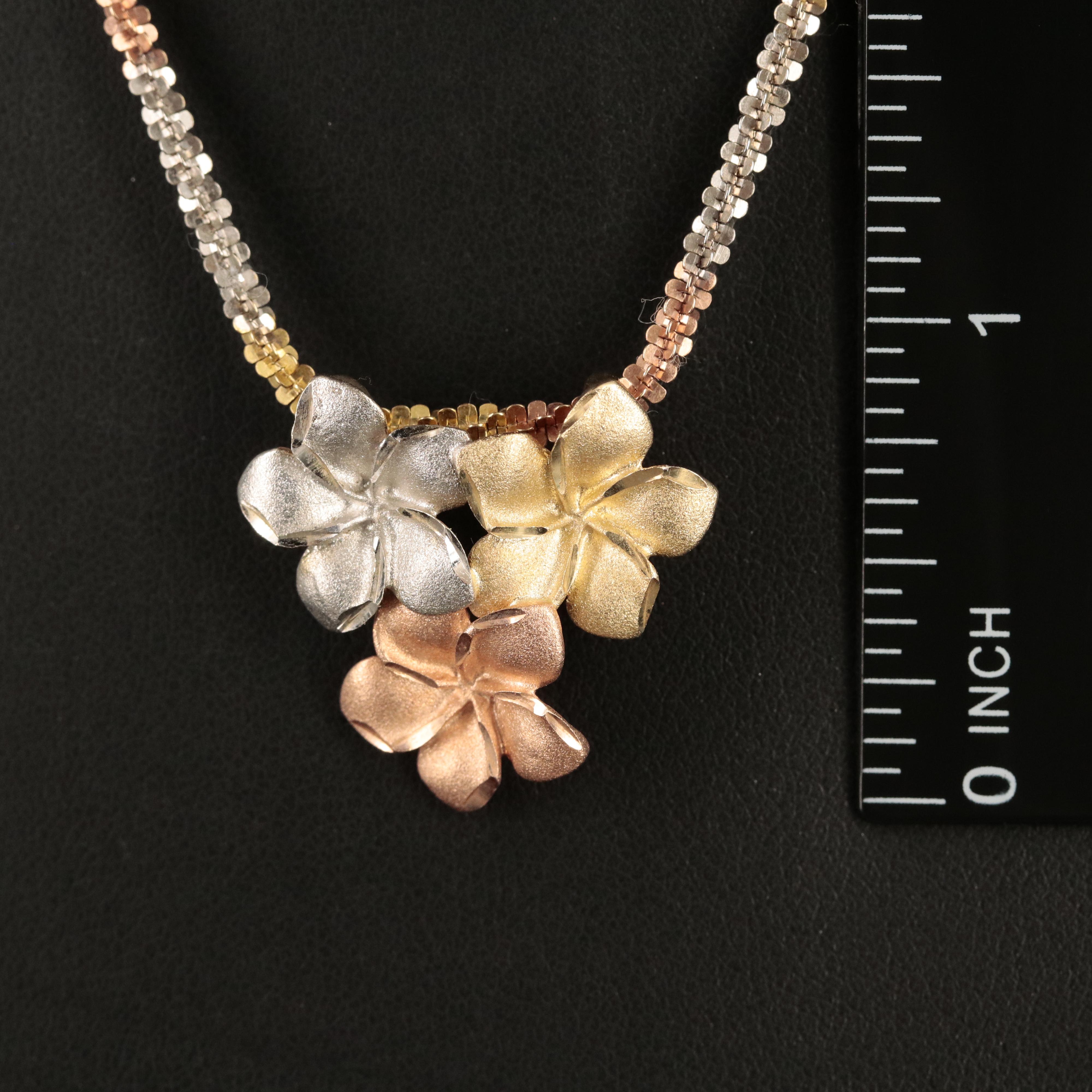 14K Tri-Color Gold Plumeria Flower Slide Pendant Necklace
