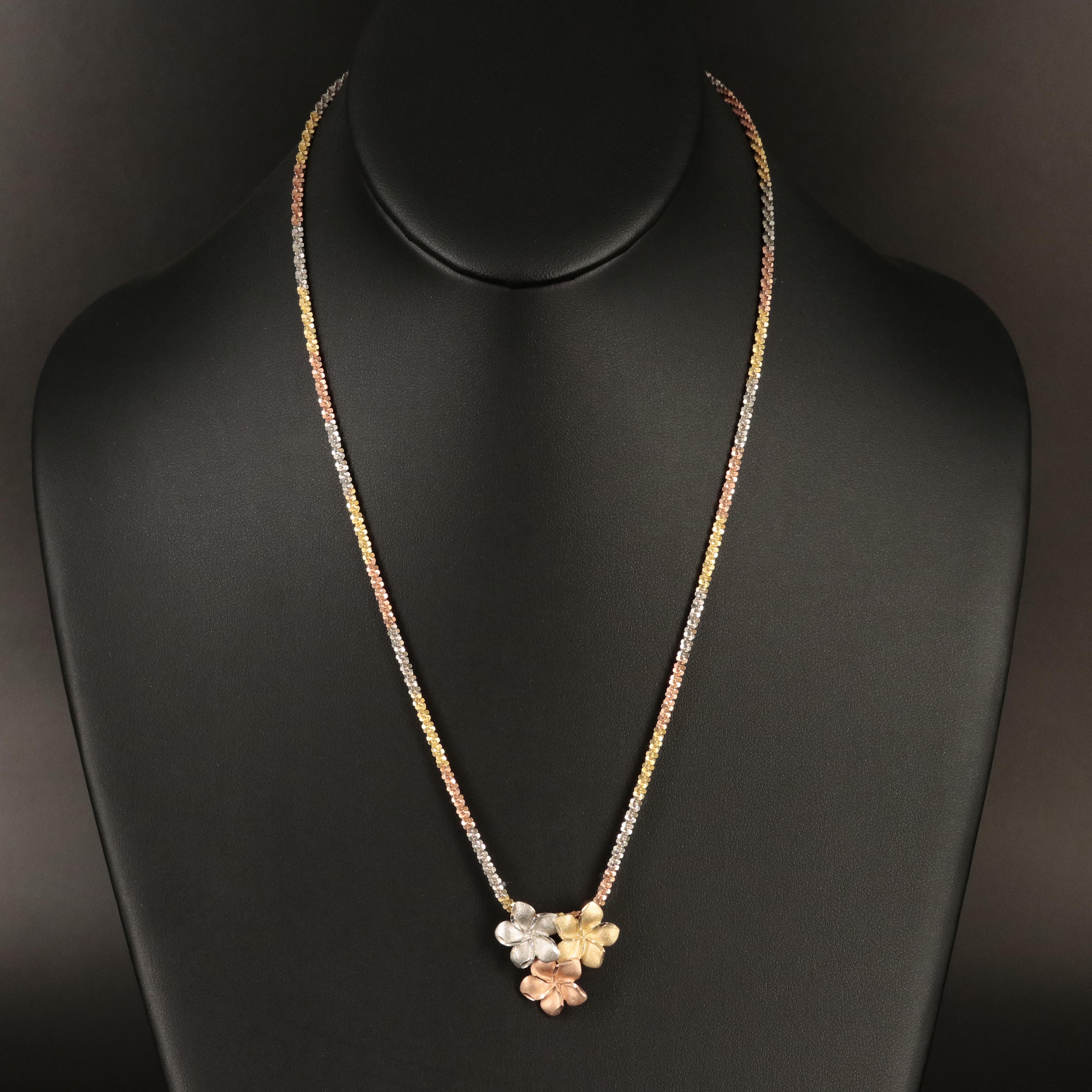 14K Tri-Color Gold Plumeria Flower Slide Pendant Necklace