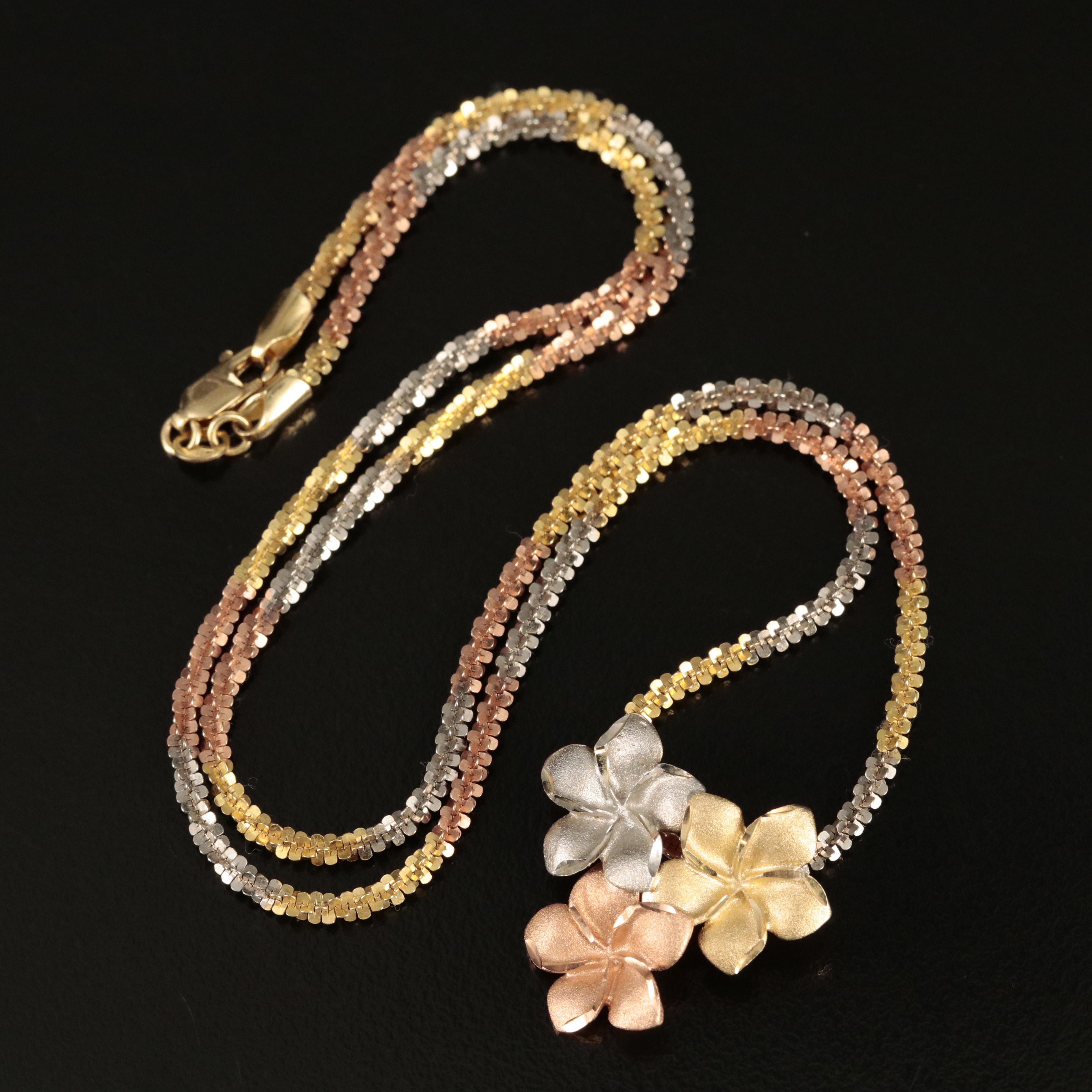 14K Tri-Color Gold Plumeria Flower Slide Pendant Necklace